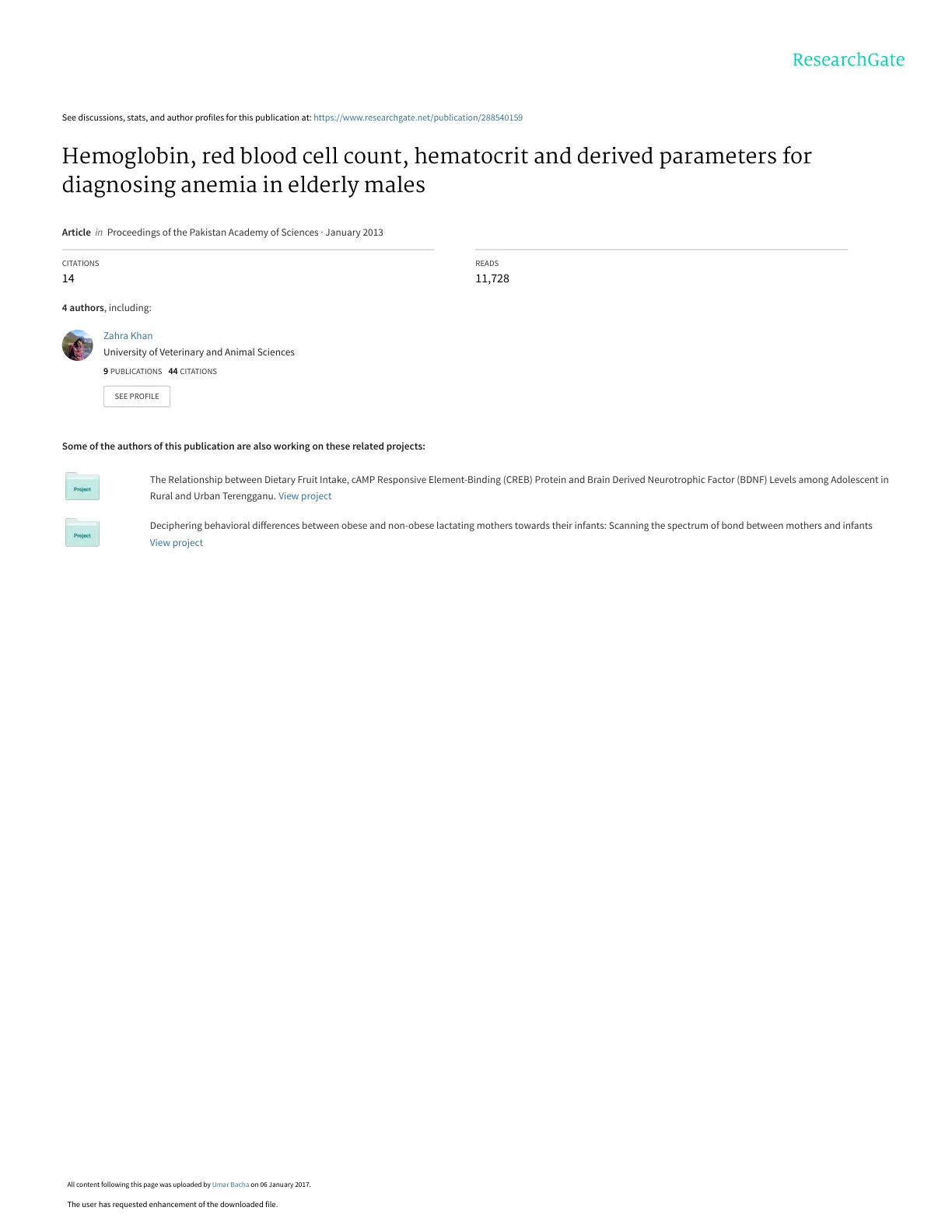 غلاف تقرير Hemoglobin, Red Blood Cell Count, Hematocrit and Derived Parameters for Diagnosing Anemia in Elderly Males