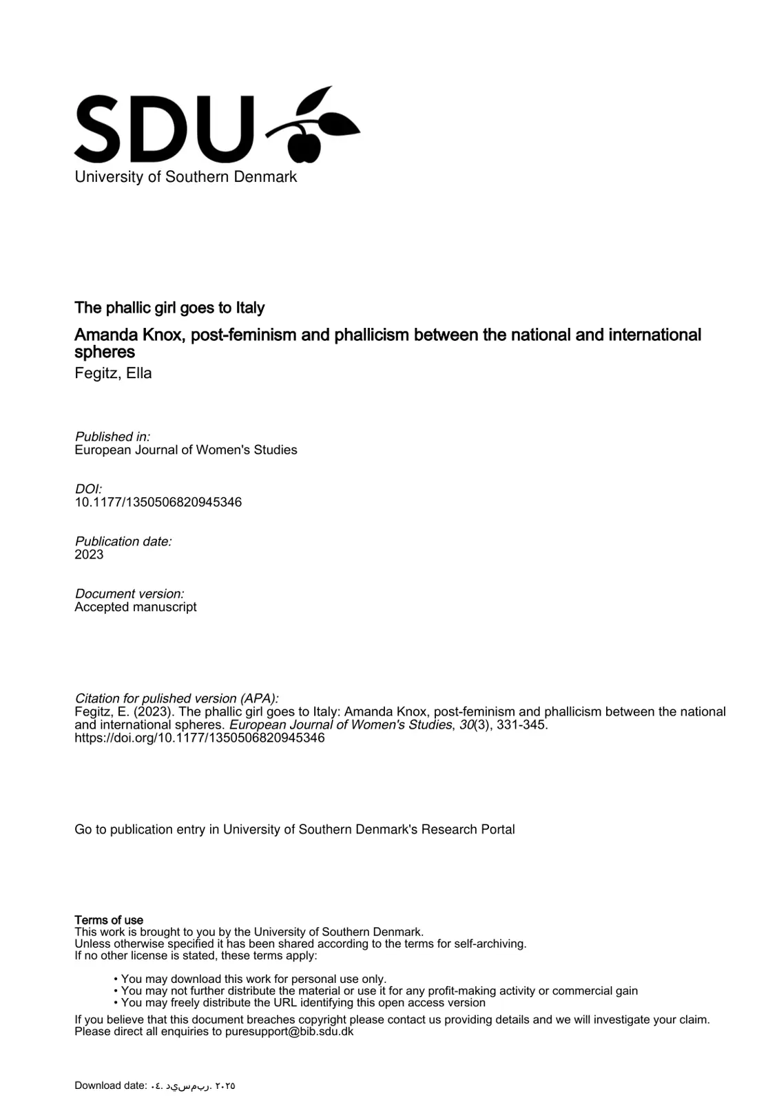 غلاف تقرير The phallic girl goes to Italy: Amanda Knox, post-feminism and phallicism between the national and international spheres