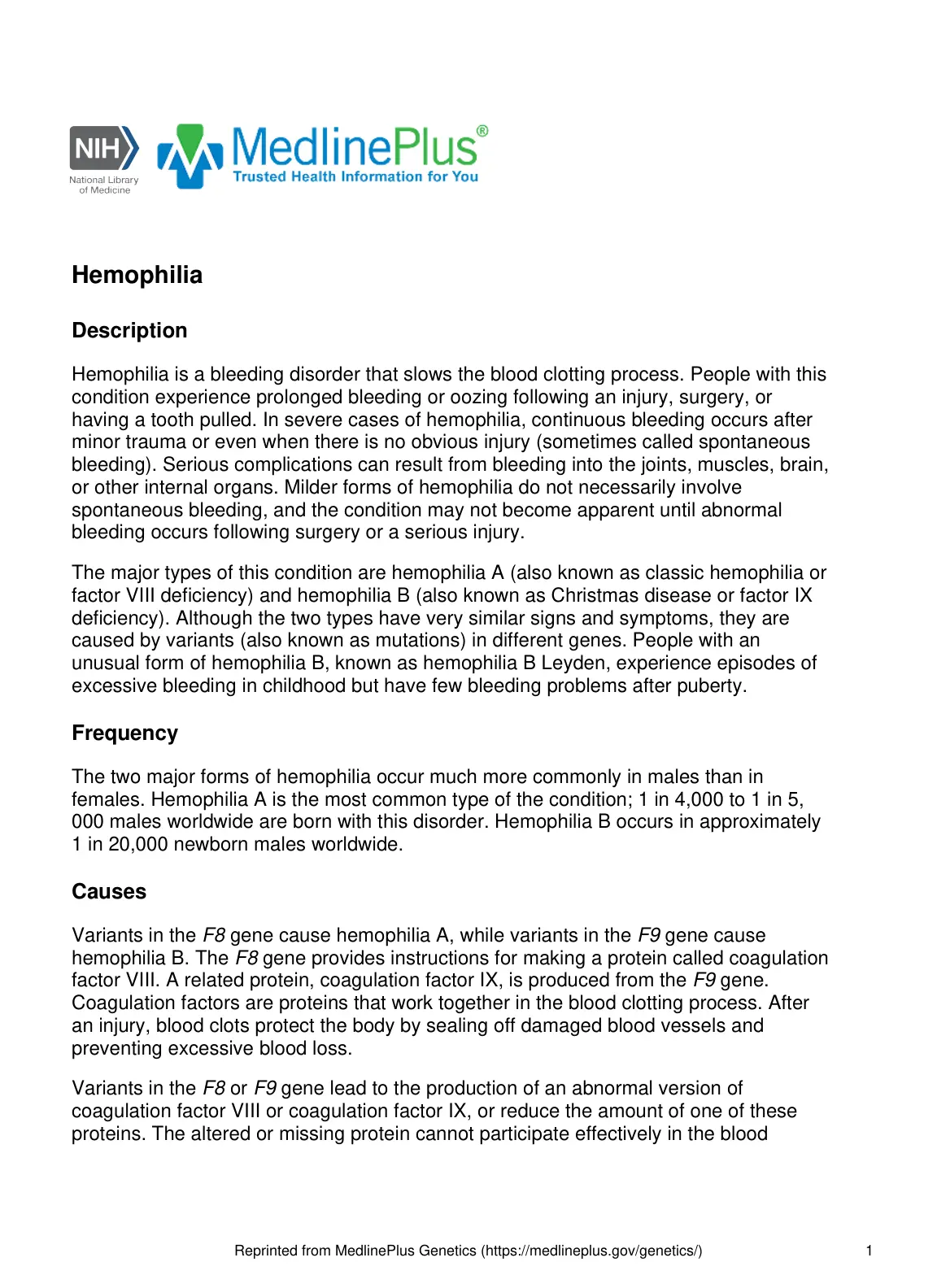 غلاف تقرير MedlinePlus – Hemophilia