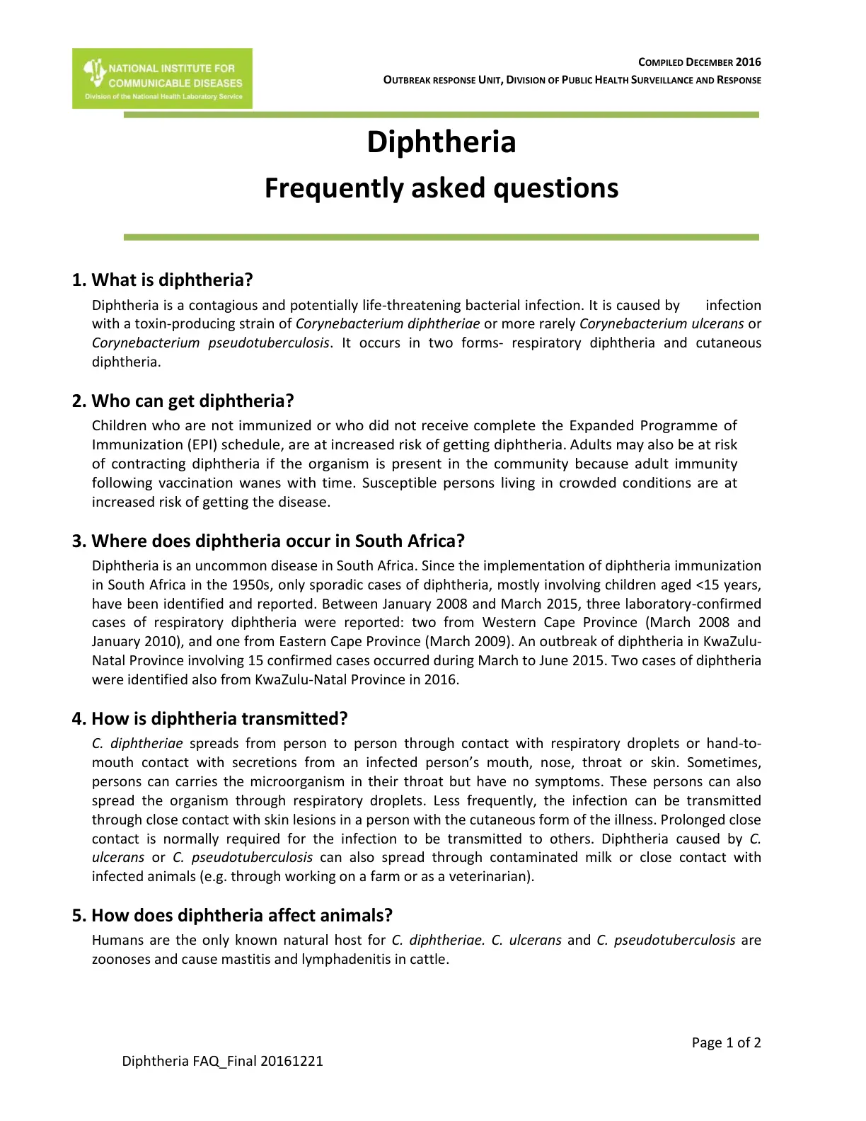 غلاف تقرير Diphtheria Frequently asked questions