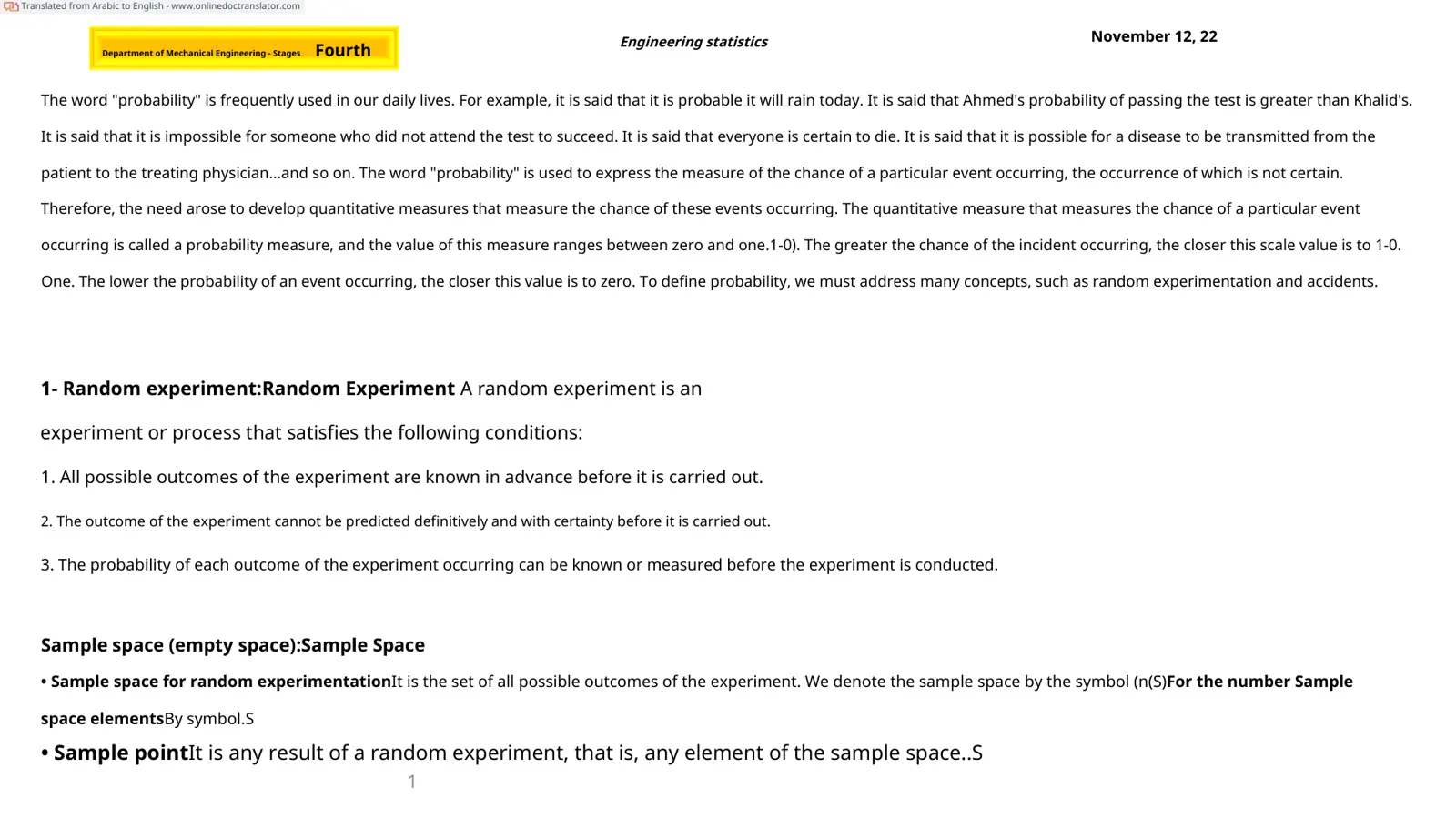 غلاف تقرير Engineering Statistics - Probability
