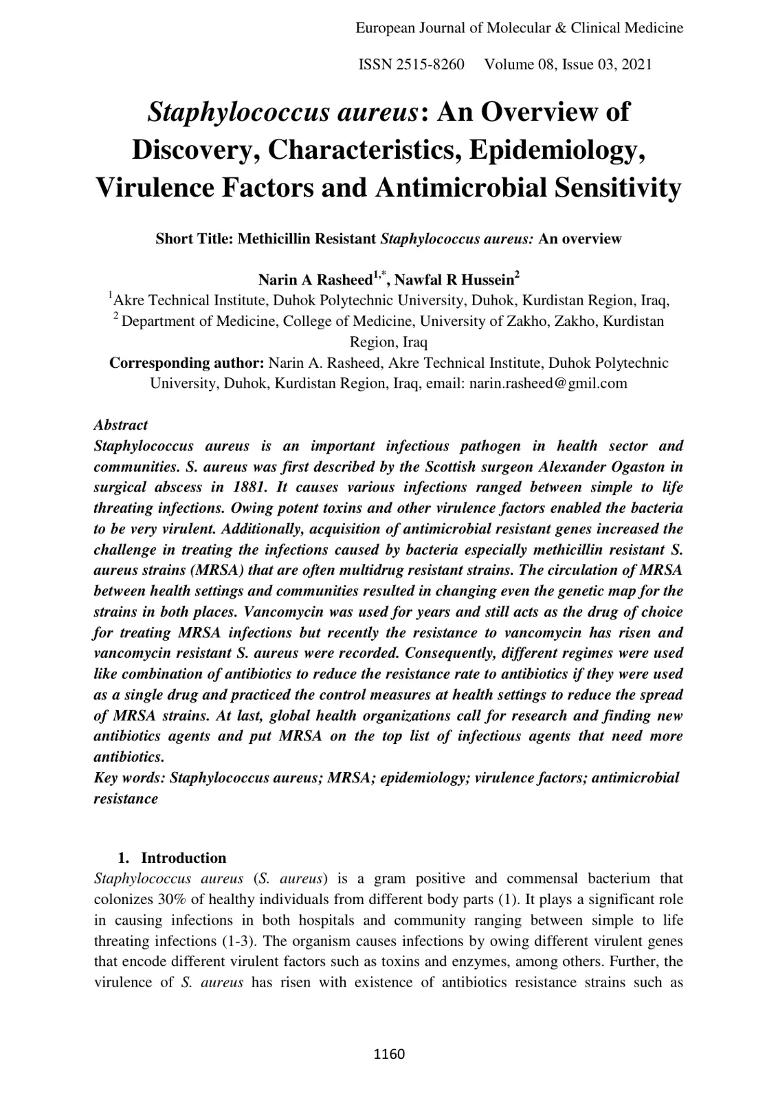 غلاف تقرير Staphylococcus aureus: An Overview of Discovery, Characteristics, Epidemiology, Virulence Factors and Antimicrobial Sensitivity