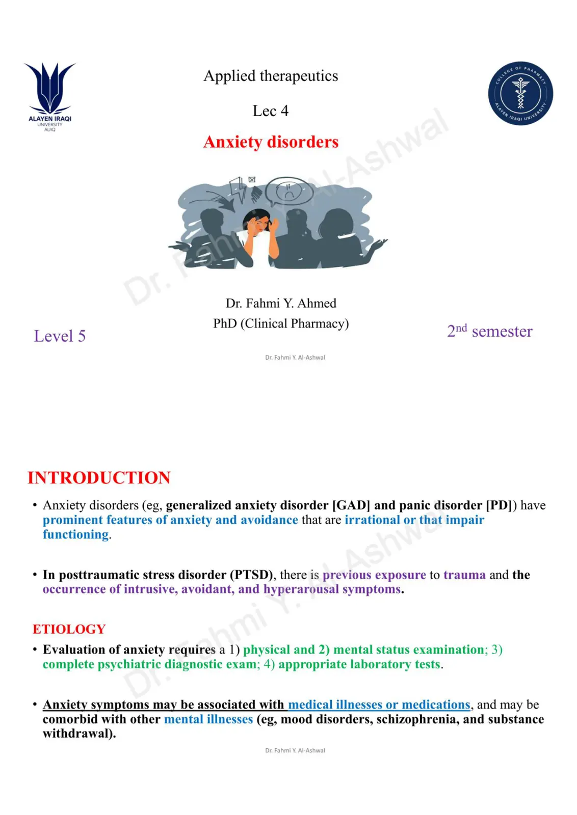 غلاف تقرير Anxiety disorders – Applied Therapeutics Lec 4