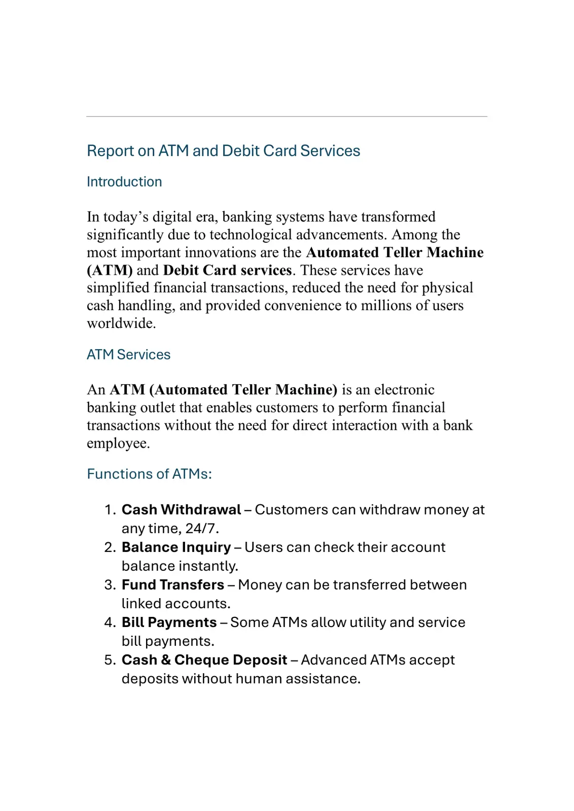 غلاف تقرير Report on ATM and Debit Card Services