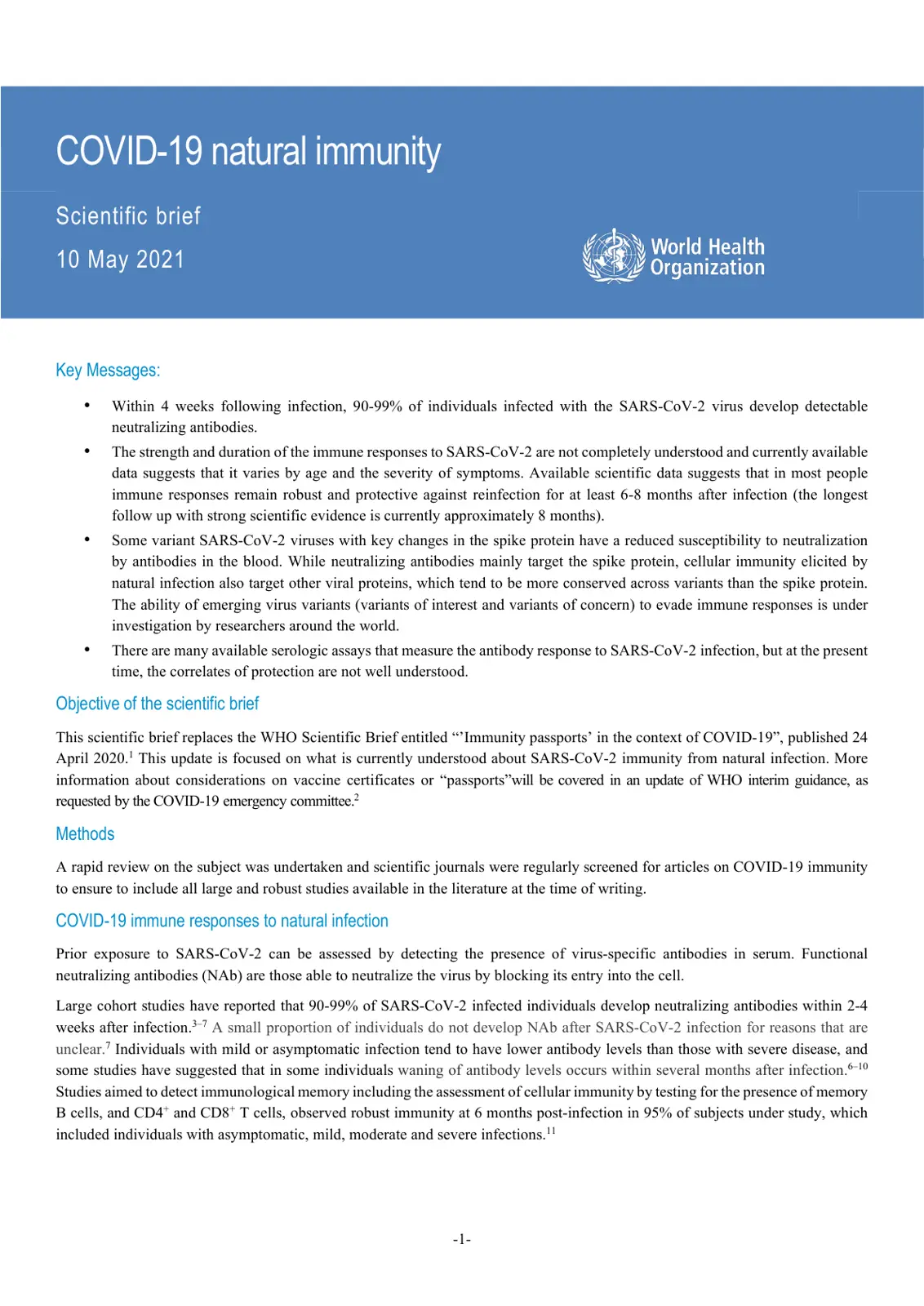 غلاف تقرير COVID-19 natural immunity Scientific brief
