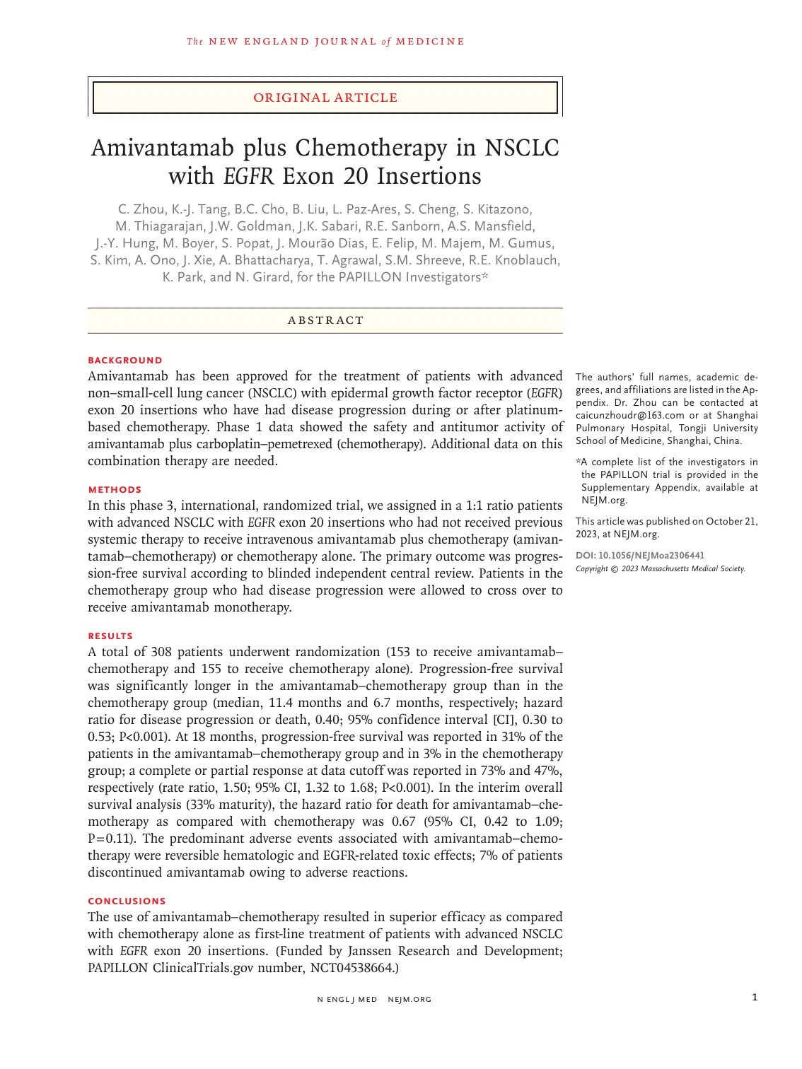 غلاف تقرير Amivantamab plus chemotherapy in NSCLC with EGFR exon 20 insertions