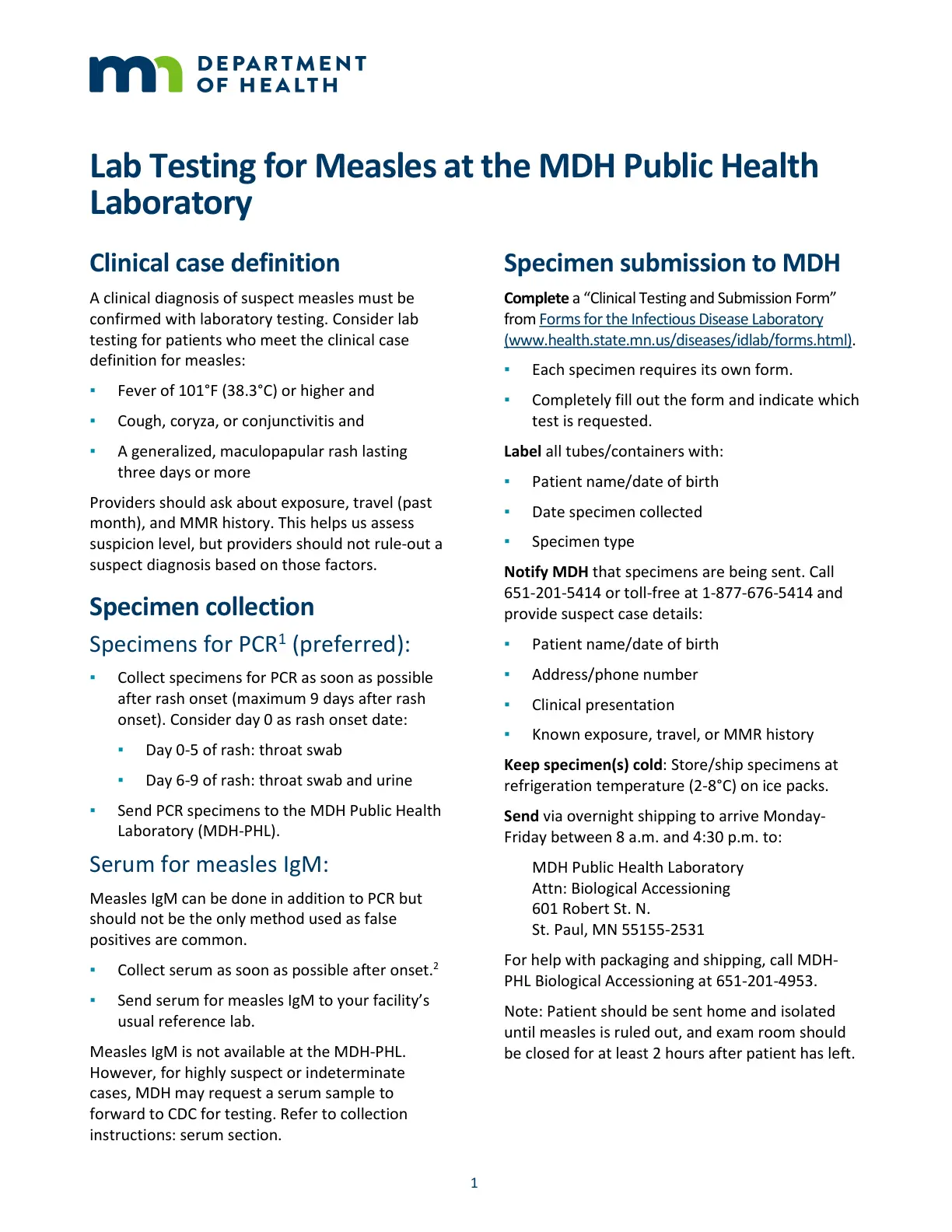 غلاف تقرير Lab Testing for Measles at the MDH Public Health Laboratory