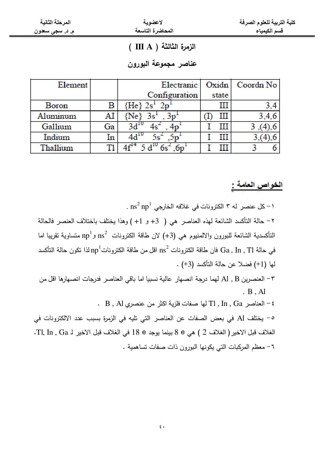 غلاف تقرير المحاضرة التاسعة: عناصر مجموعة البورون - الزمرة الثالثة III A