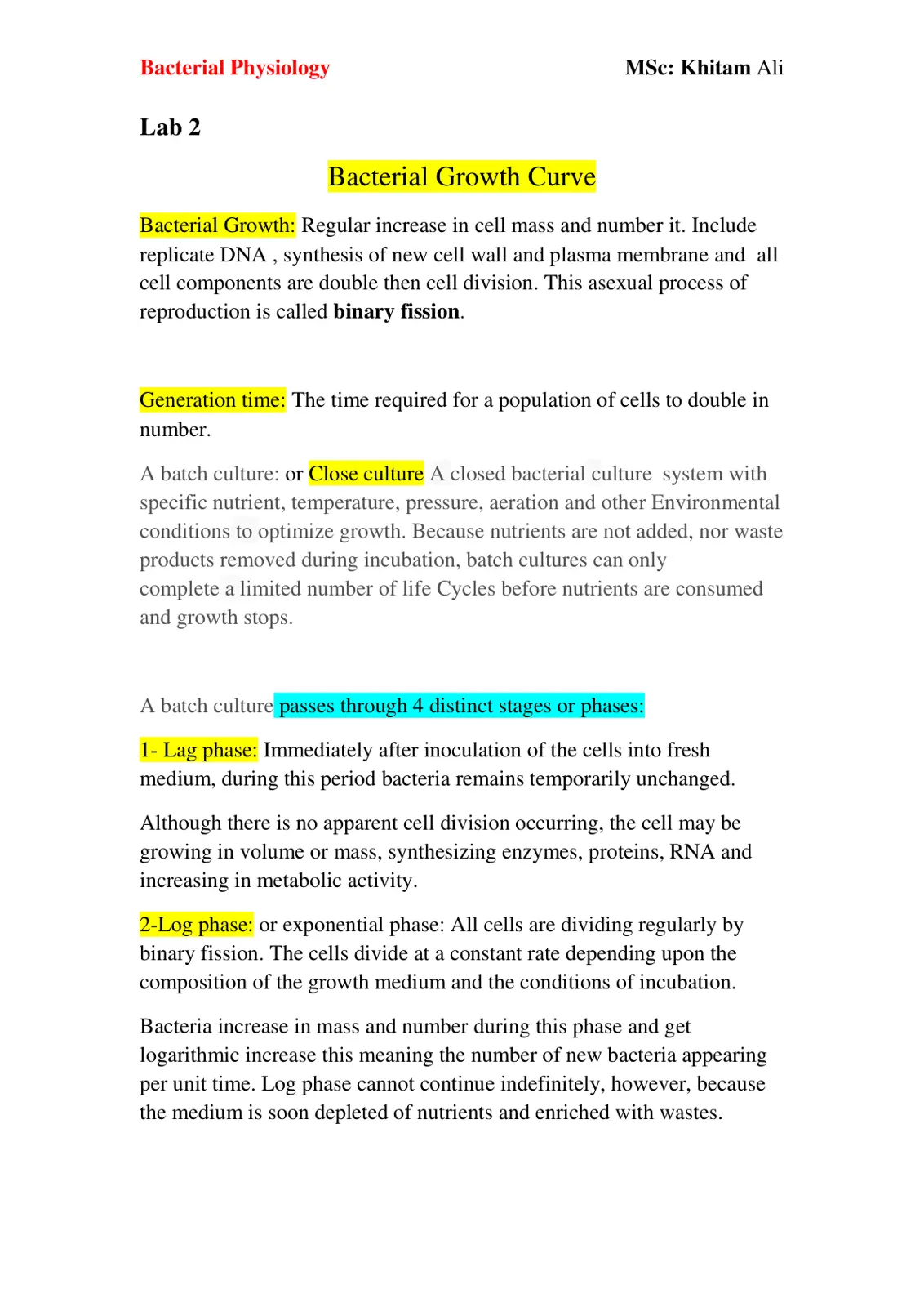 غلاف تقرير Bacterial Physiology - Lab 2: Bacterial Growth Curve
