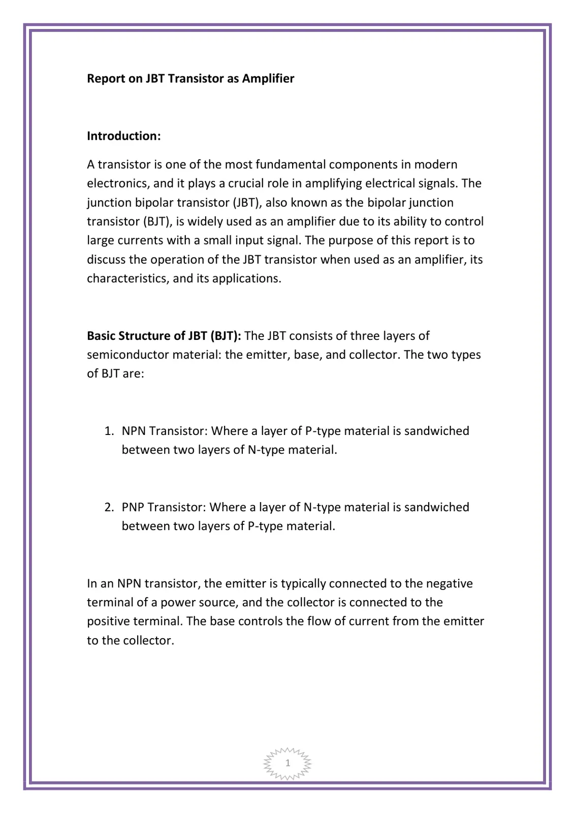غلاف تقرير Report on JBT Transistor as Amplifier