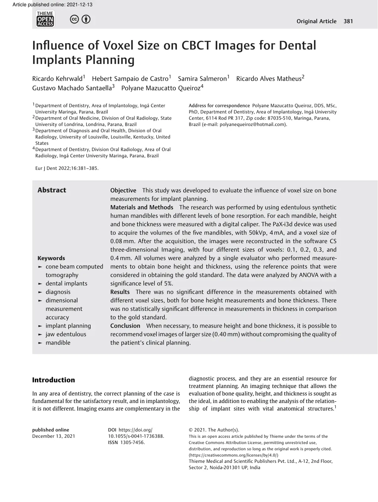 غلاف تقرير Influence of Voxel Size on CBCT Images for Dental Implants Planning