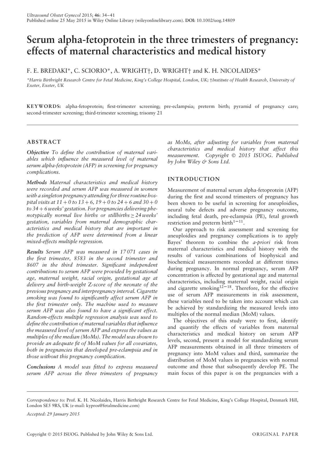 غلاف تقرير Serum alpha-fetoprotein in the three trimesters of pregnancy: effects of maternal characteristics and medical history