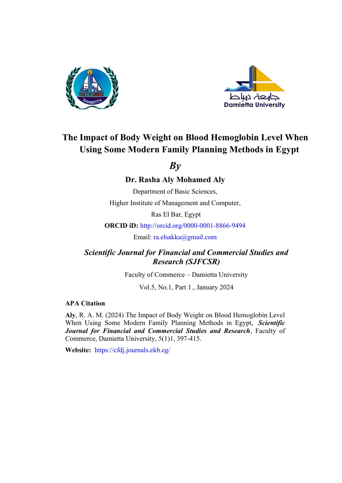 غلاف تقرير The Impact of Body Weight on Blood Hemoglobin Level When Using Some Modern Family Planning Methods in Egypt