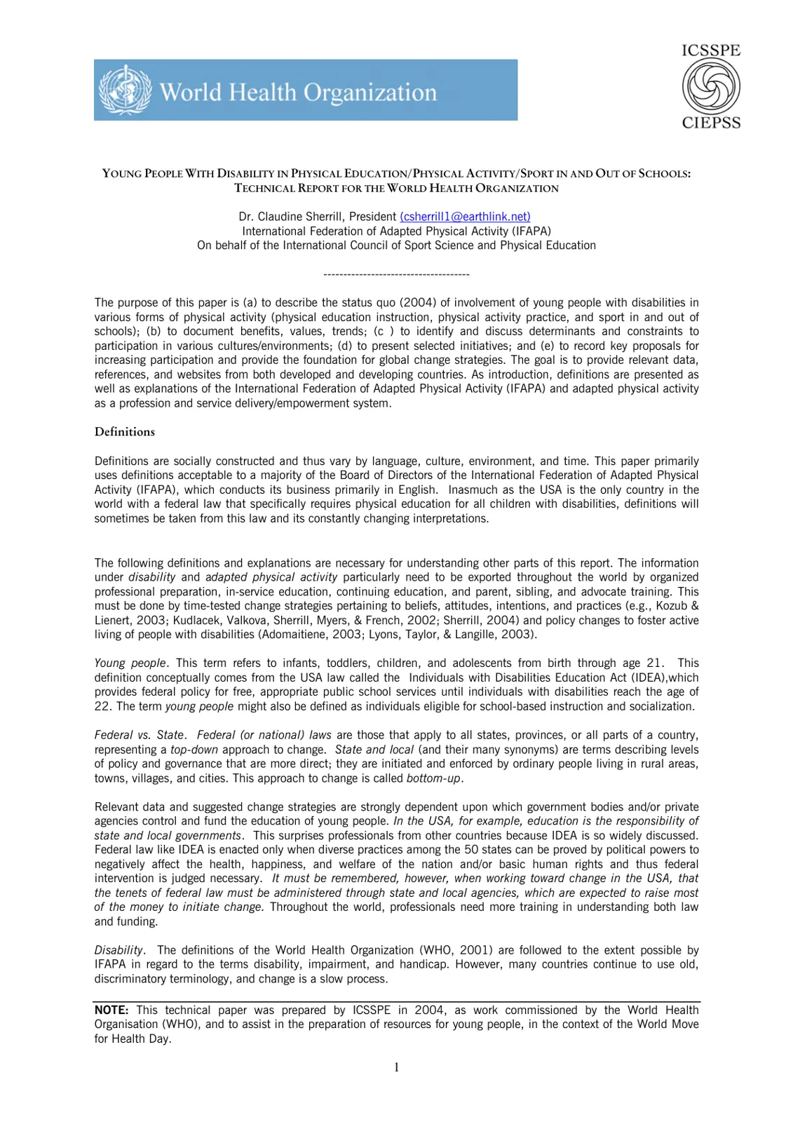 غلاف تقرير YOUNG PEOPLE WITH DISABILITY IN PHYSICAL EDUCATION/PHYSICAL ACTIVITY/SPORT IN AND OUT OF SCHOOLS: TECHNICAL REPORT FOR THE WORLD HEALTH ORGANIZATION