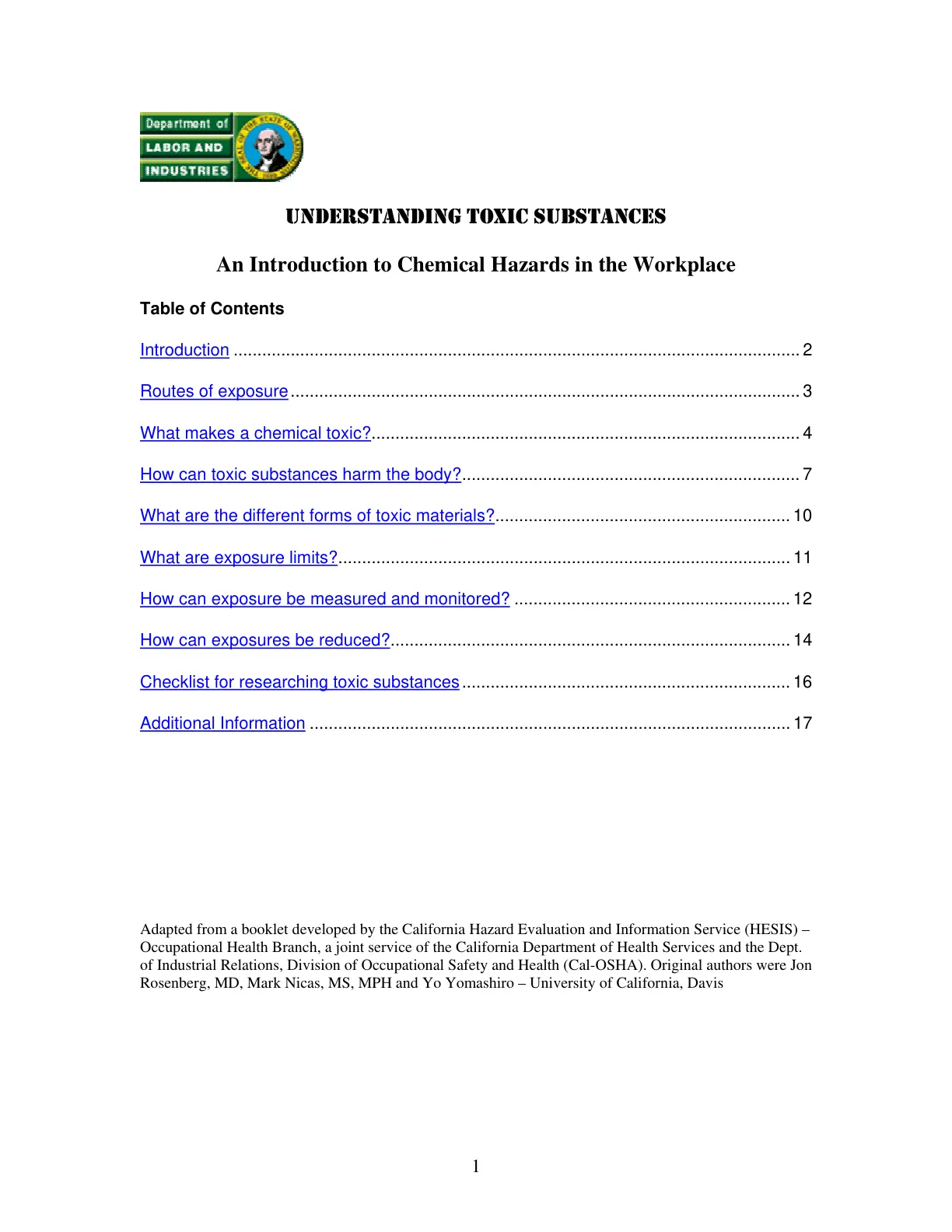 غلاف تقرير UNDERSTANDING TOXIC SUBSTANCES An Introduction to Chemical Hazards in the Workplace