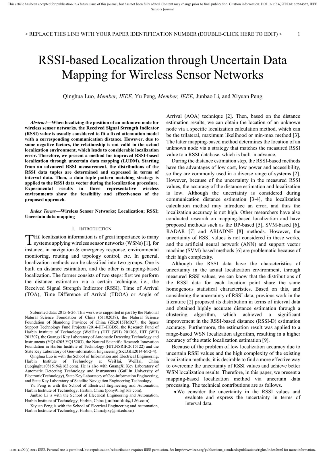 غلاف تقرير RSSI- based Localization through Uncertain Data Mapping for Wireless Sensor Networks