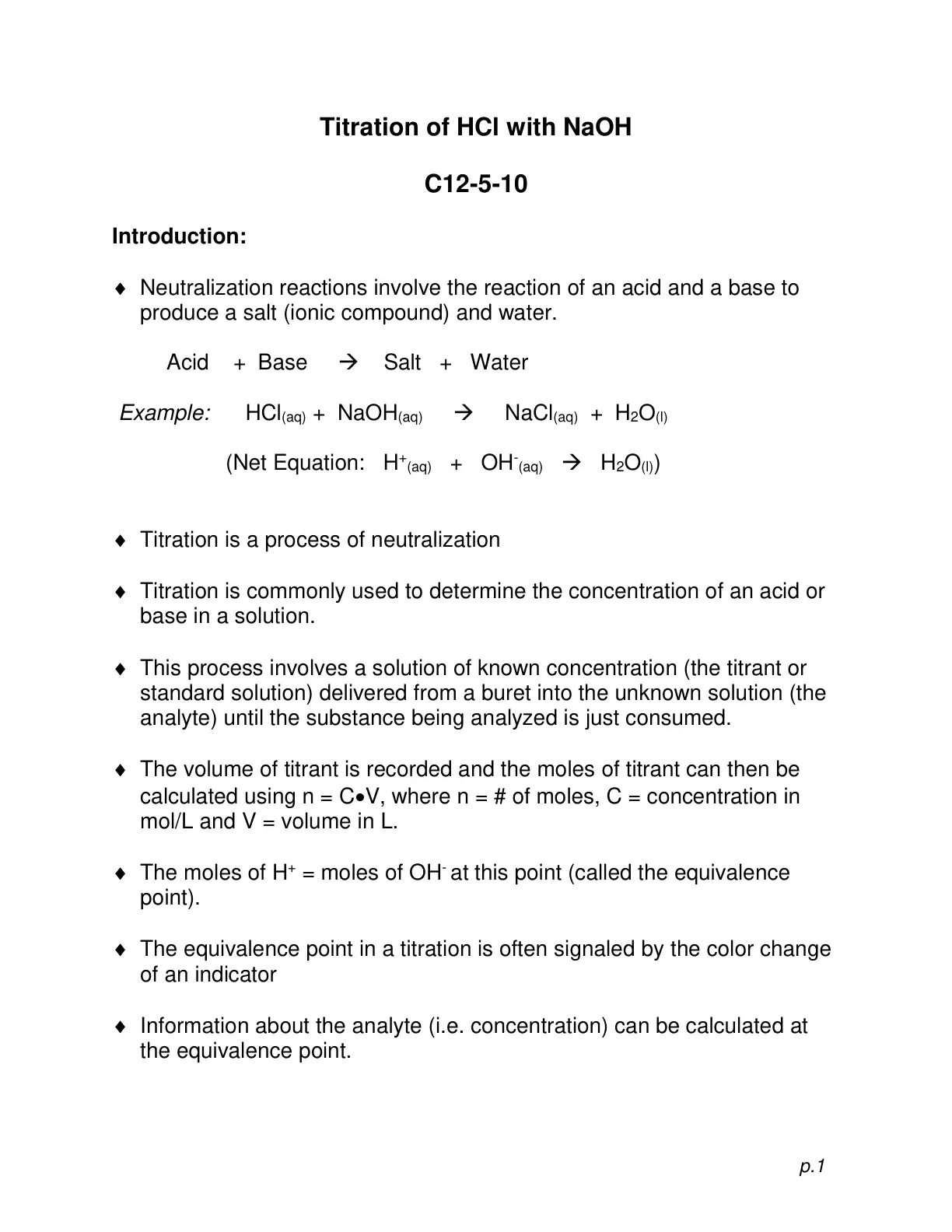 غلاف تقرير Titration of HCl with NaOH