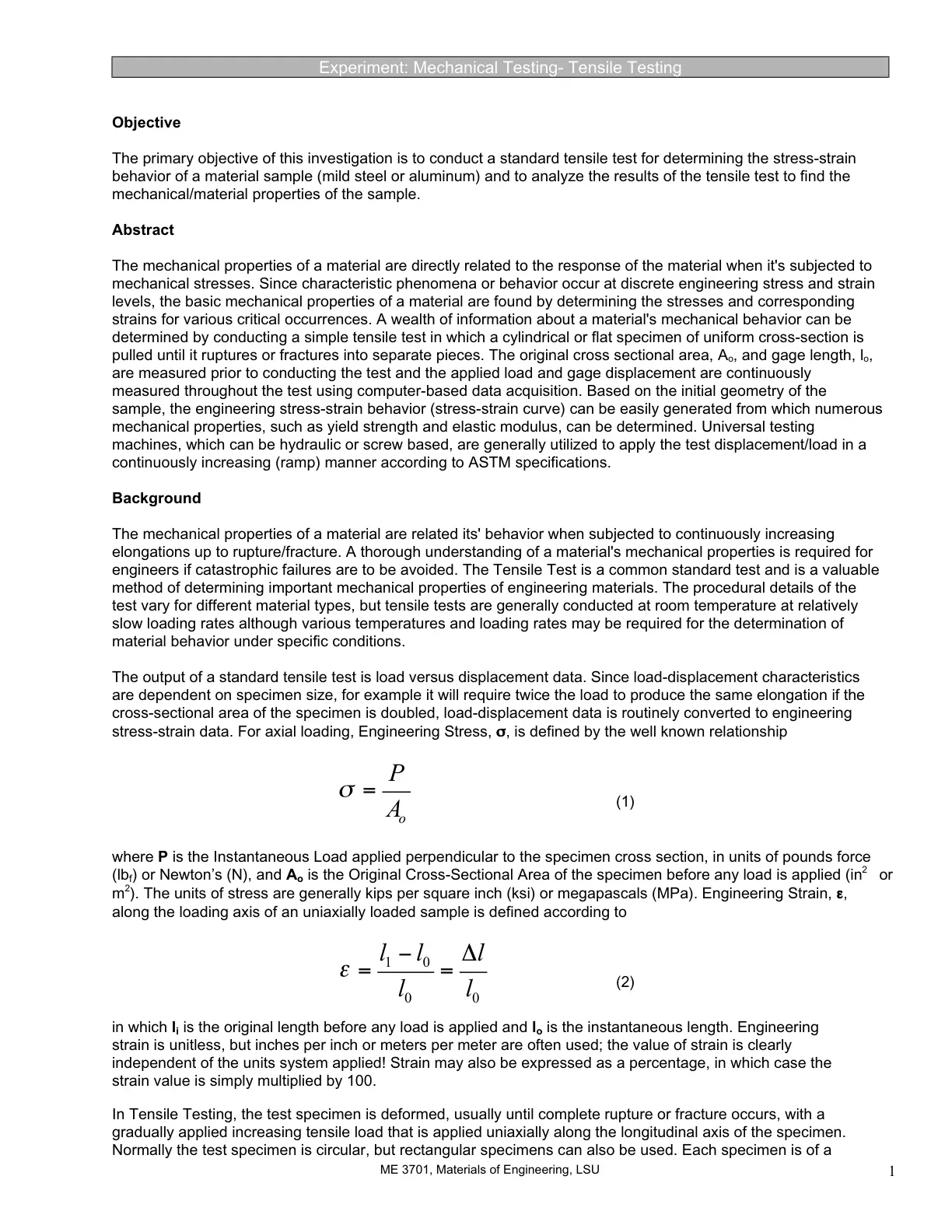 غلاف تقرير Experiment: Mechanical Testing- Tensile Testing
