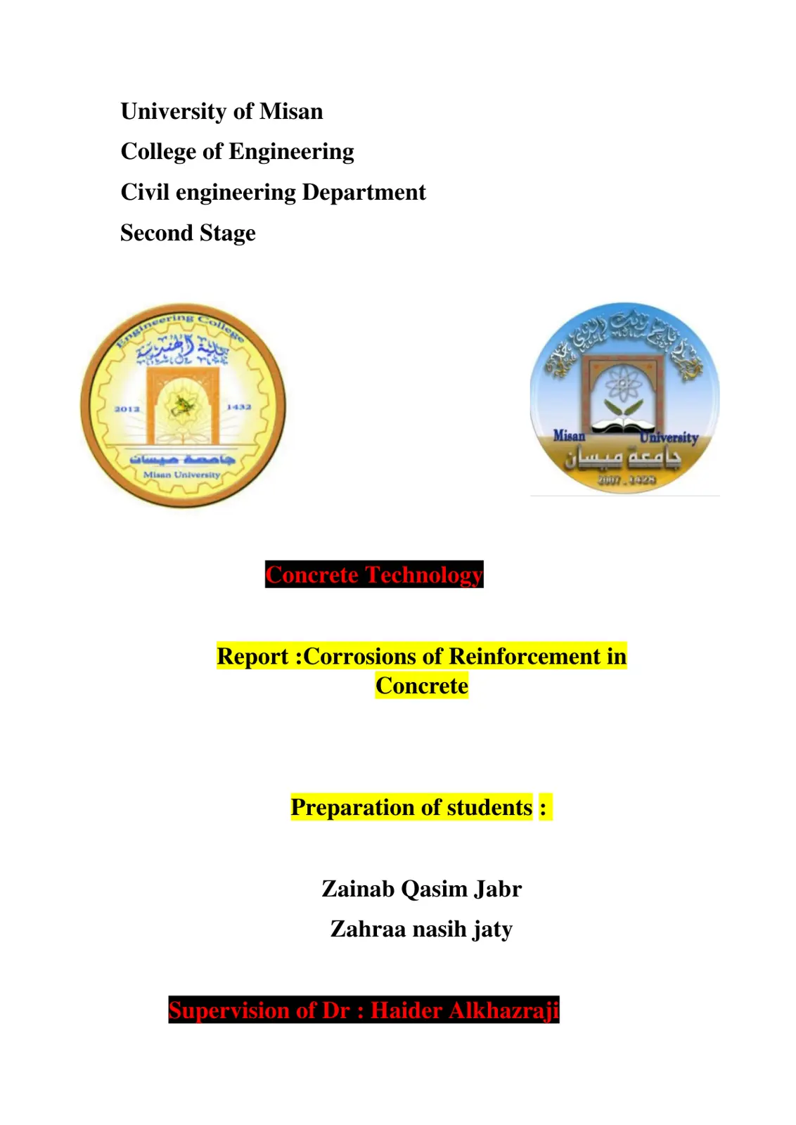 غلاف تقرير Corrosions of Reinforcement in Concrete