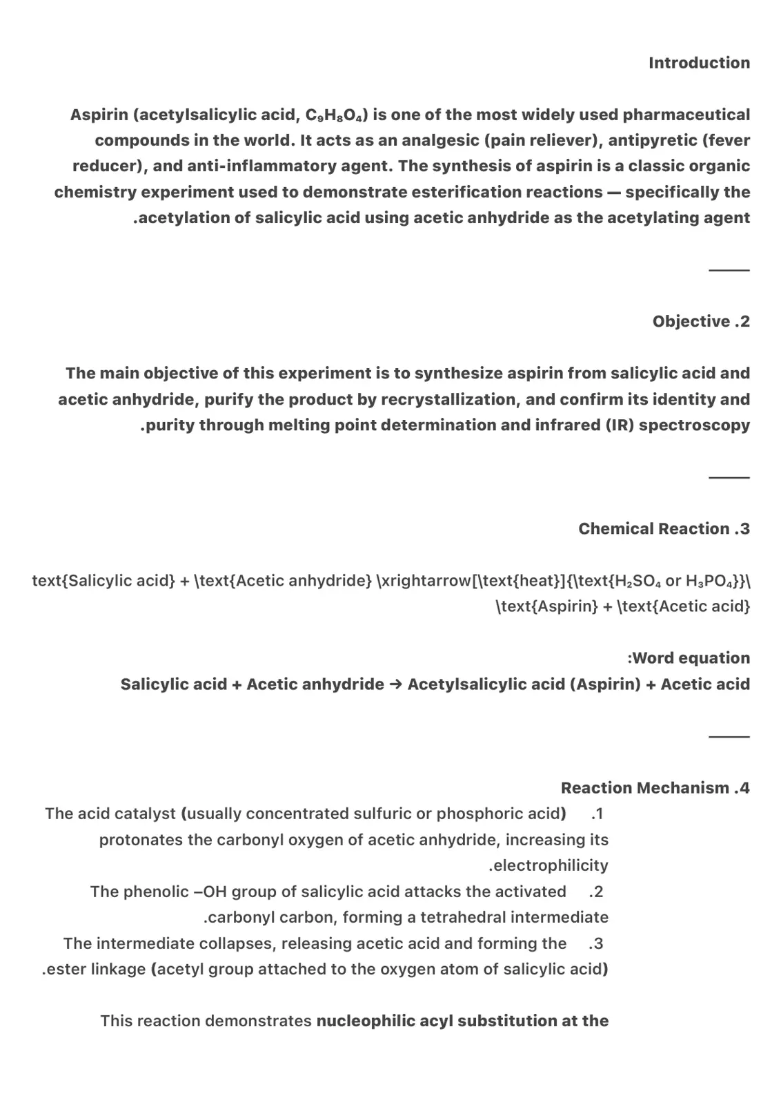 غلاف تقرير Introduction - Aspirin Synthesis