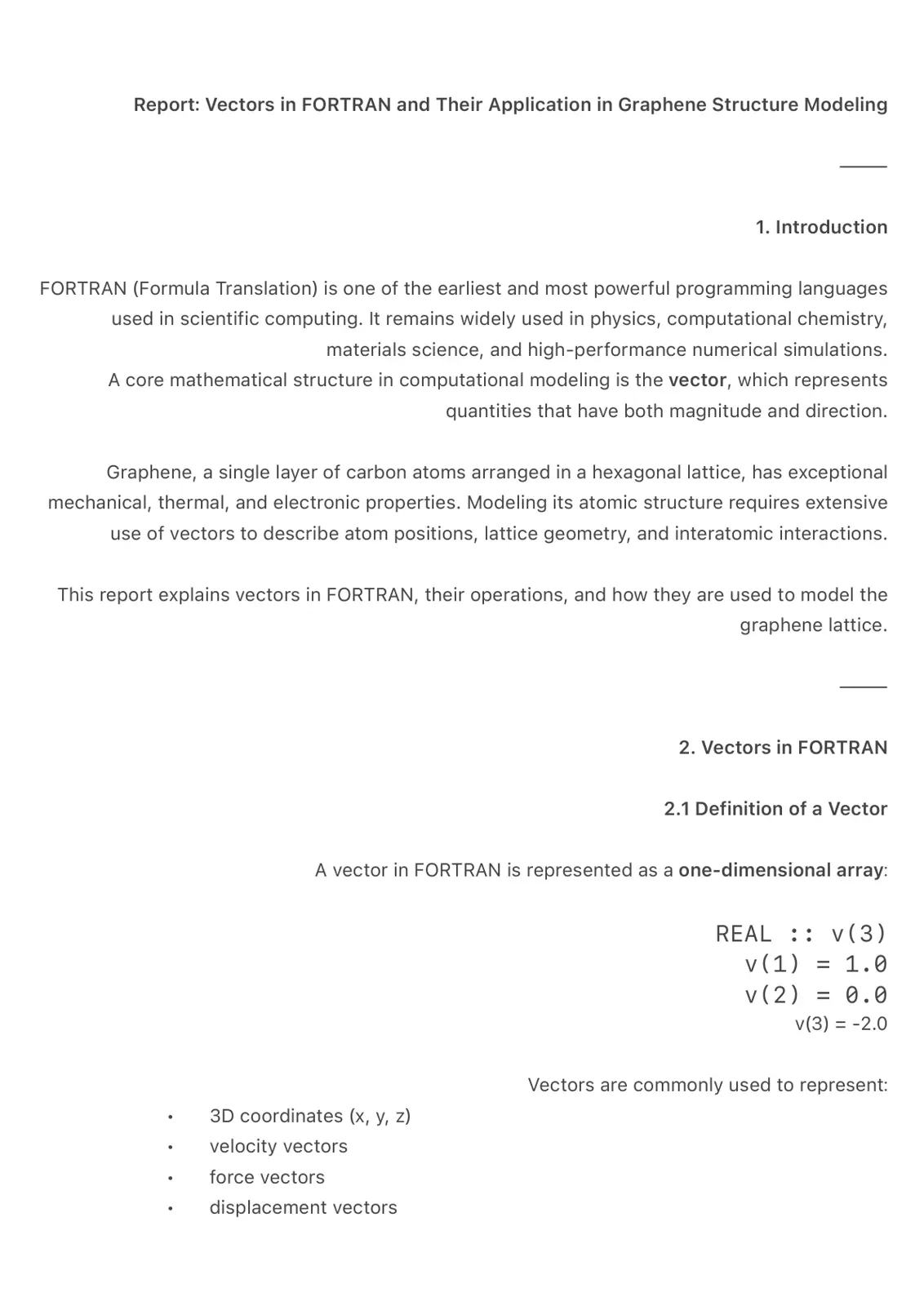 غلاف تقرير Report: Vectors in FORTRAN and Their Application in Graphene Structure Modeling