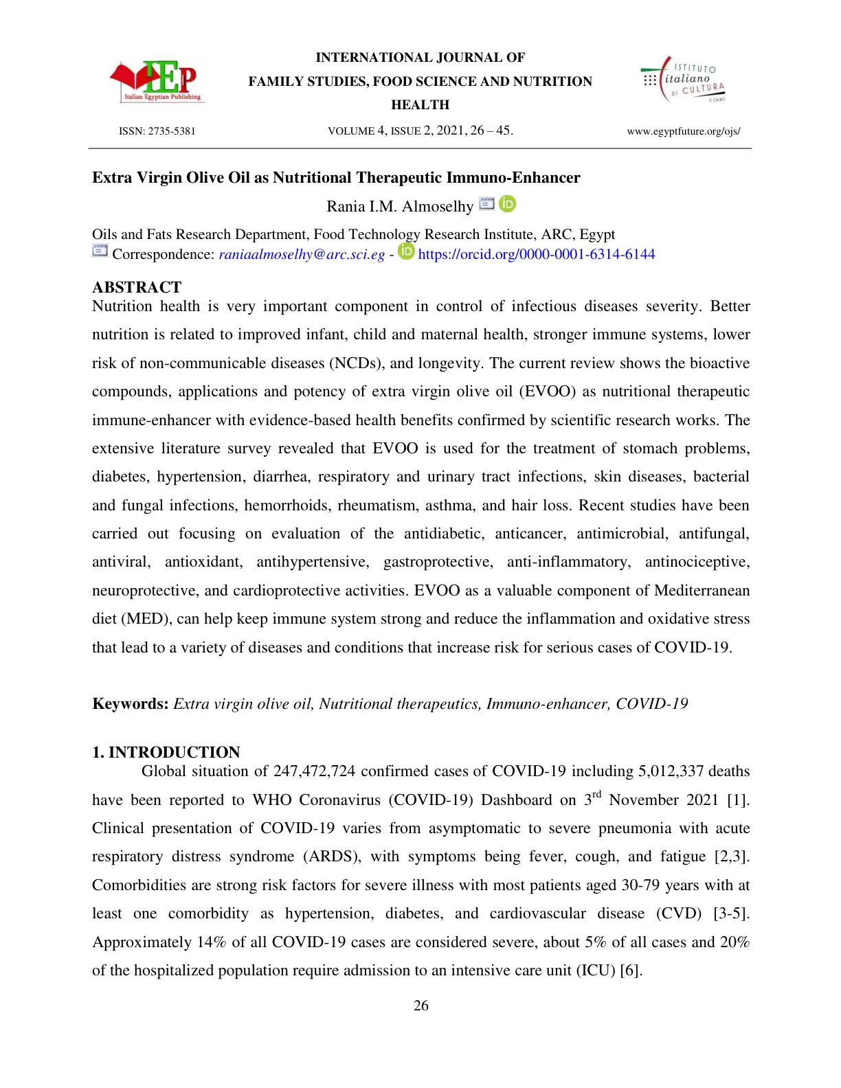 غلاف تقرير Extra Virgin Olive Oil as Nutritional Therapeutic Immuno-Enhancer