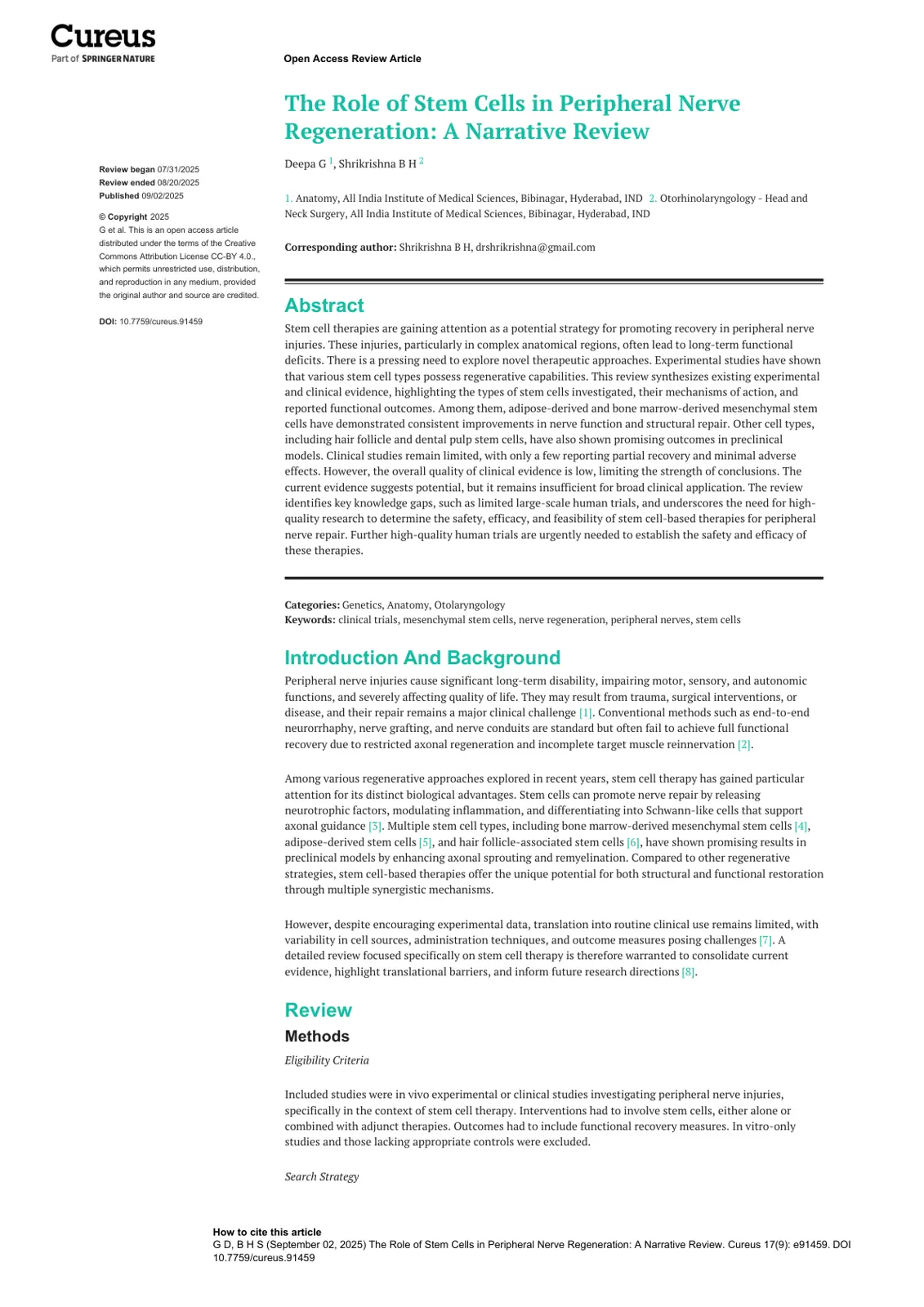 غلاف تقرير The Role of Stem Cells in Peripheral Nerve Regeneration: A Narrative Review