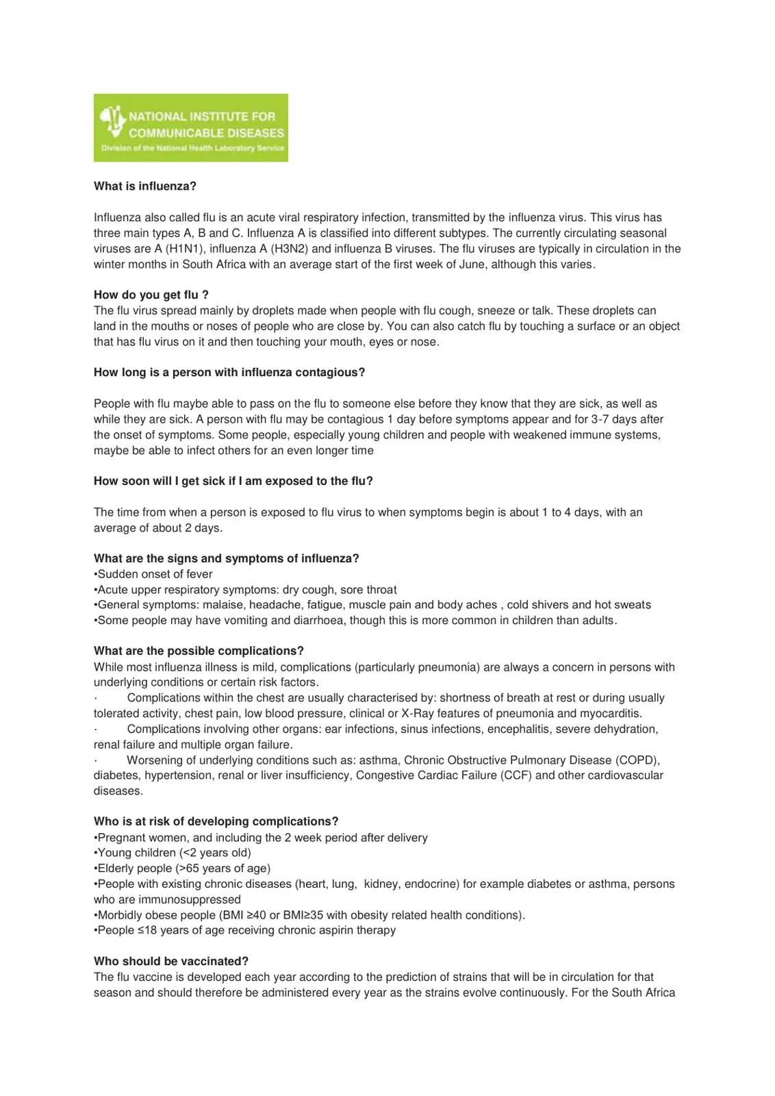 غلاف تقرير What is influenza? - National Institute for Communicable Diseases