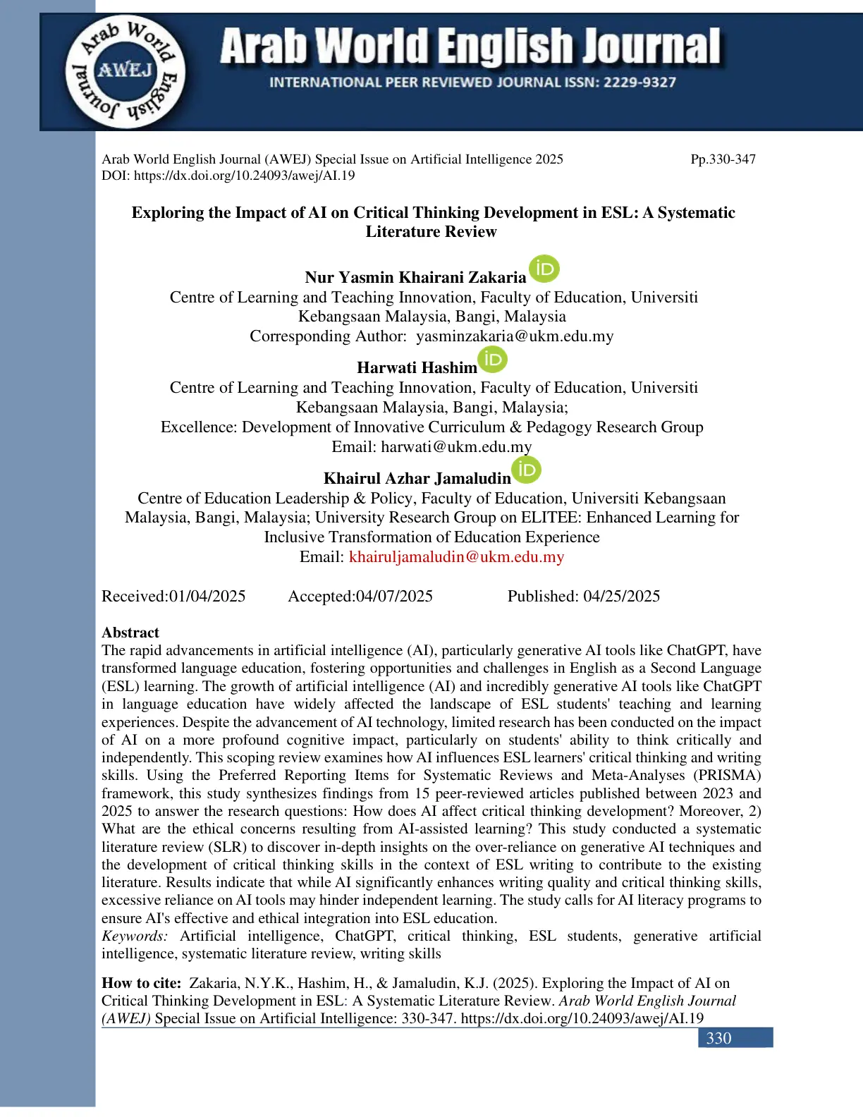 غلاف تقرير Exploring the Impact of AI on Critical Thinking Development in ESL: A Systematic Literature Review