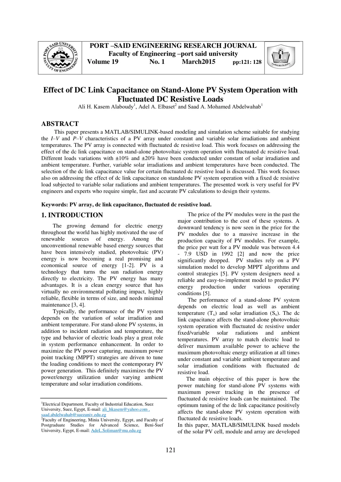 غلاف تقرير Effect of DC Link Capacitance on Stand-Alone PV System Operation with Fluctuated DC Resistive Loads