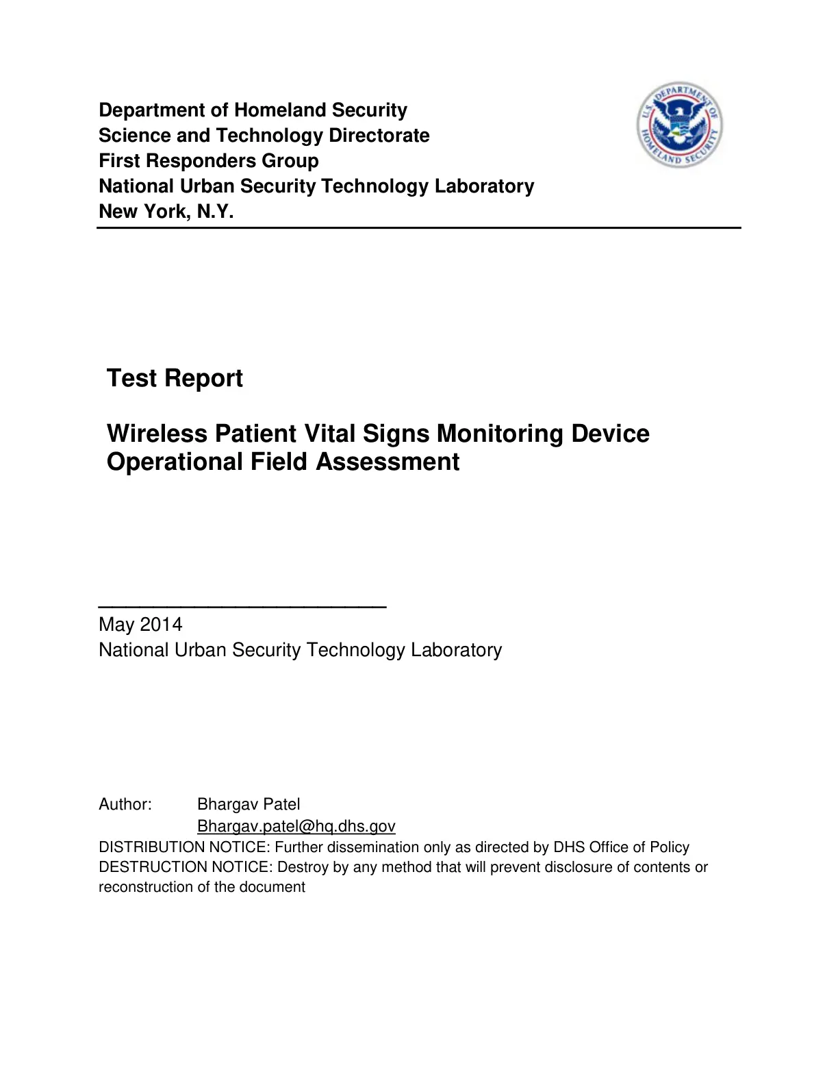 غلاف تقرير Test Report: Wireless Patient Vital Signs Monitoring Device Operational Field Assessment
