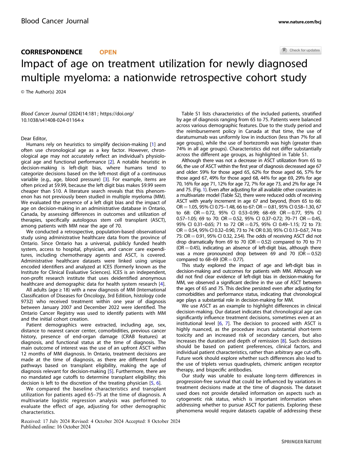 غلاف تقرير Impact of age on treatment utilization for newly diagnosed multiple myeloma: a nationwide retrospective cohort study