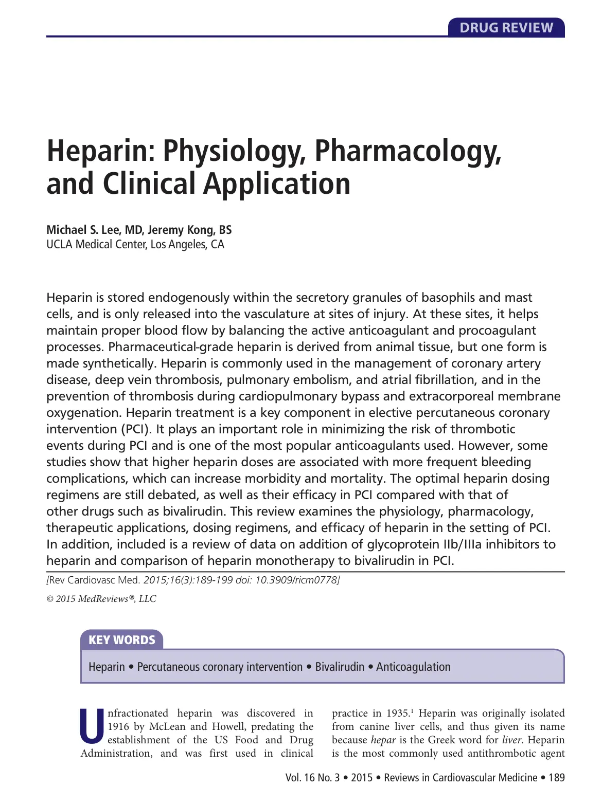 غلاف تقرير DRUG REVIEW Heparin: Physiology, Pharmacology, and Clinical Application