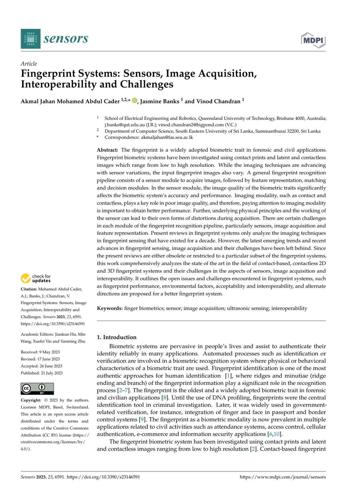 غلاف تقرير Fingerprint Systems: Sensors, Image Acquisition, Interoperability and Challenges