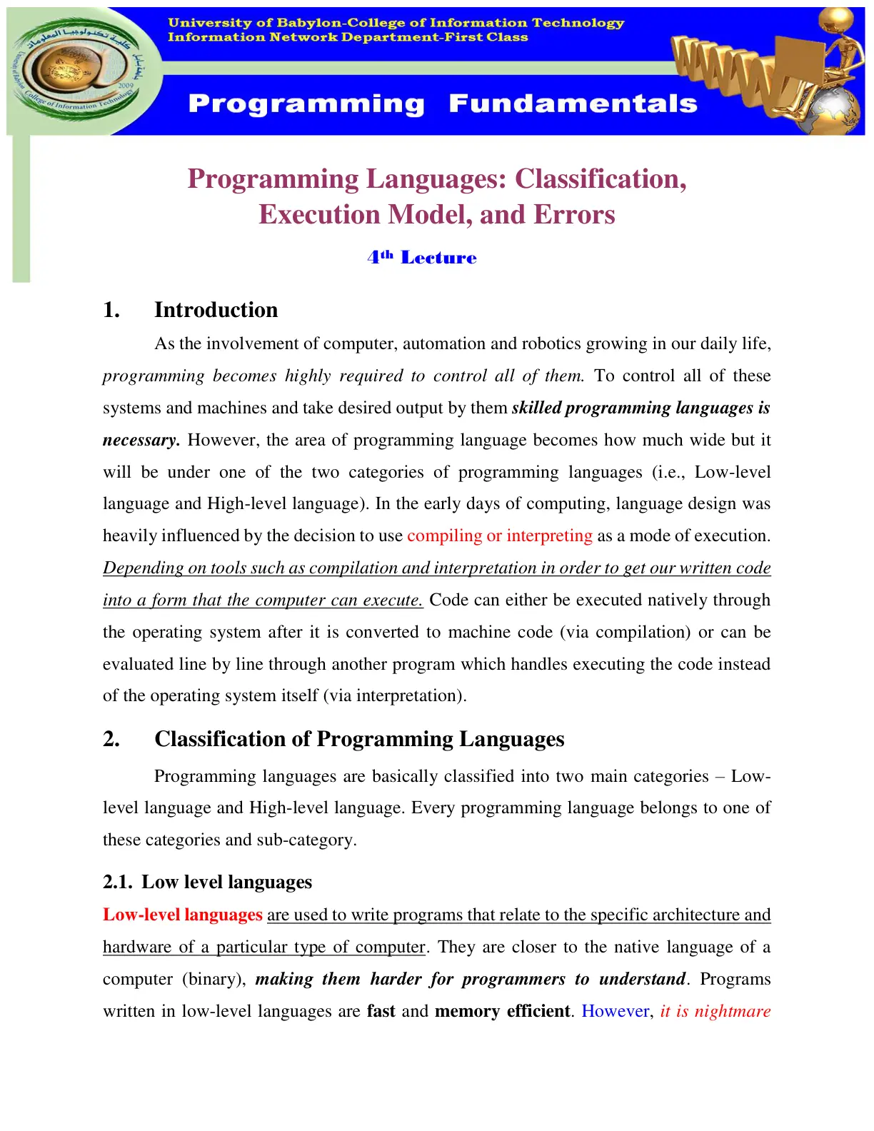 غلاف تقرير Fundamentals of Programming Languages: Classification, Execution Model, and Errors