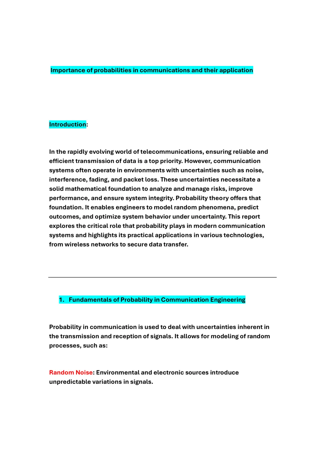 غلاف تقرير Importance of probabilities in communications and their application