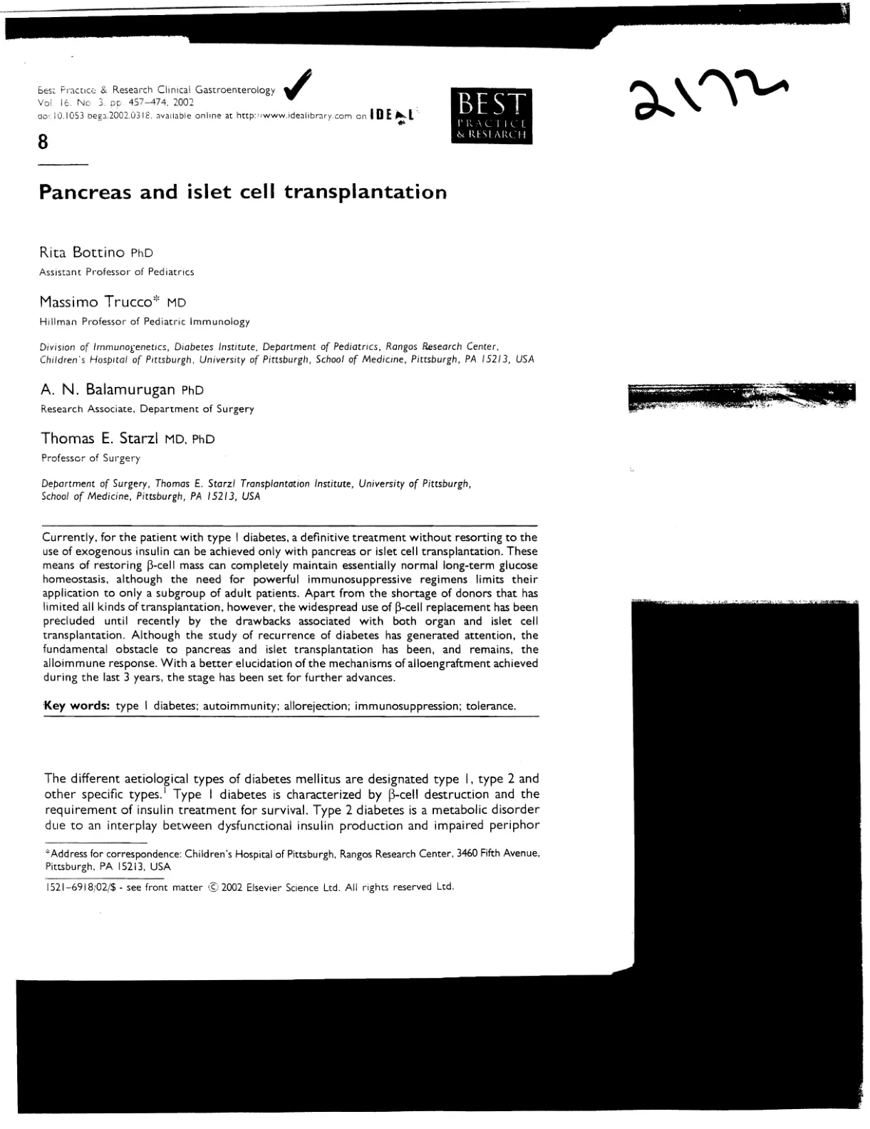 غلاف تقرير Pancreas and islet cell transplantation