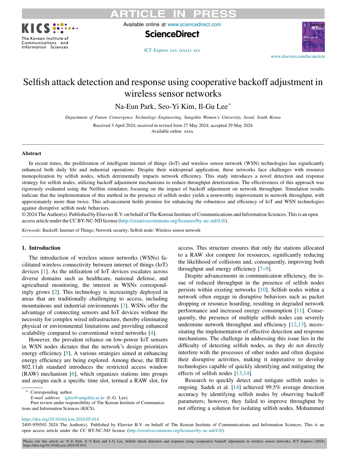 غلاف تقرير Selfish attack detection and response using cooperative backoff adjustment in wireless sensor networks
