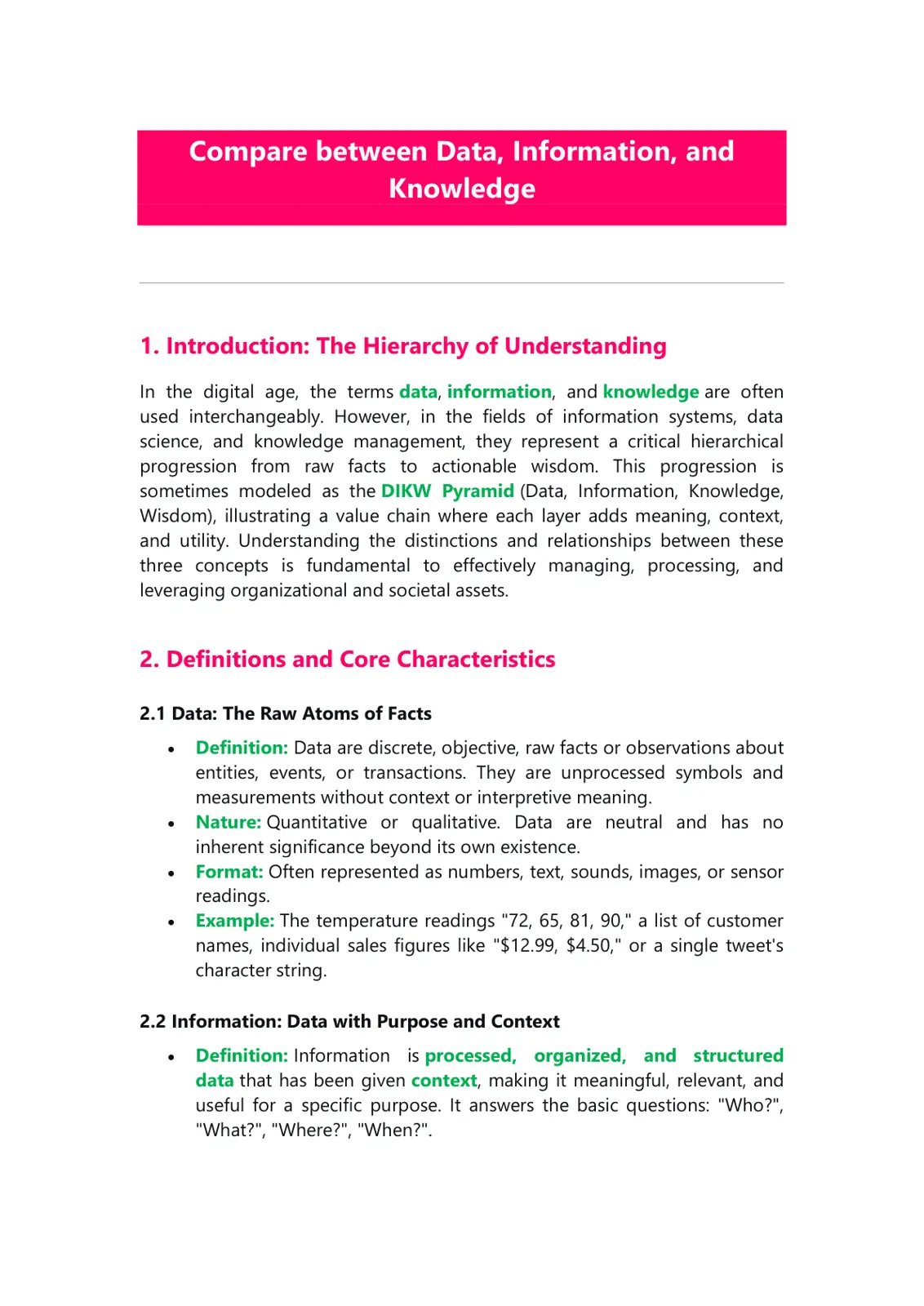 غلاف تقرير Compare between Data, Information, and Knowledge