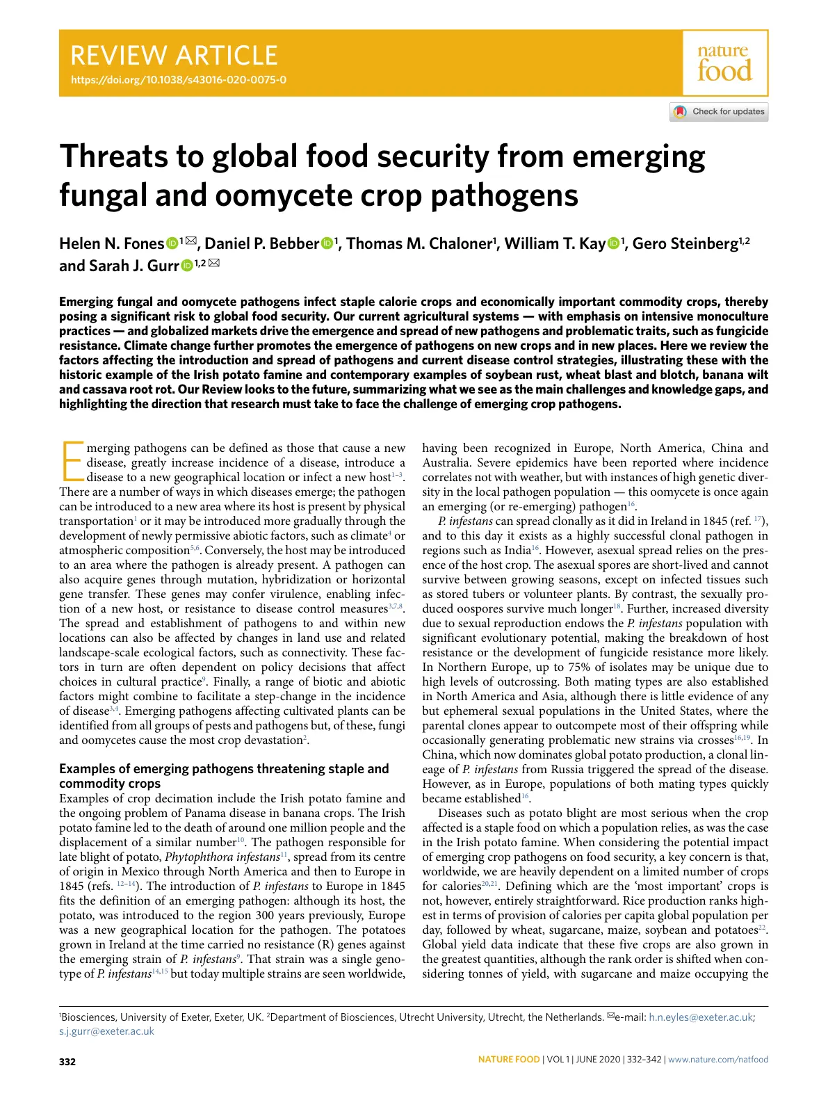 غلاف تقرير Threats to global food security from emerging fungal and oomycete crop pathogens