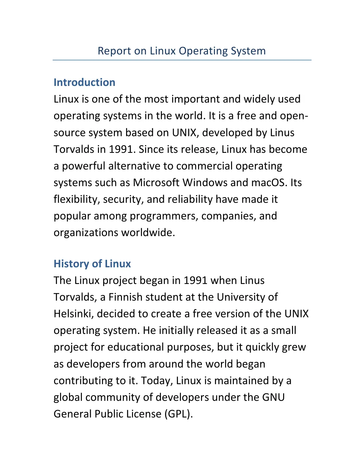 غلاف تقرير Report on Linux Operating System