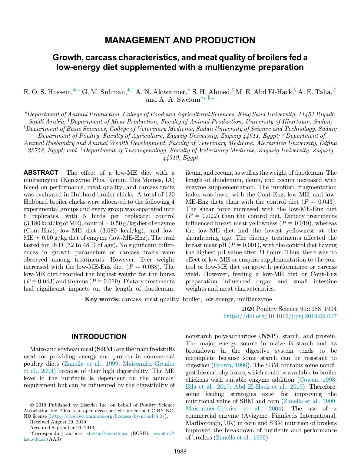 غلاف تقرير Growth, carcass characteristics, and meat quality of broilers fed a low-energy diet supplemented with a multienzyme preparation