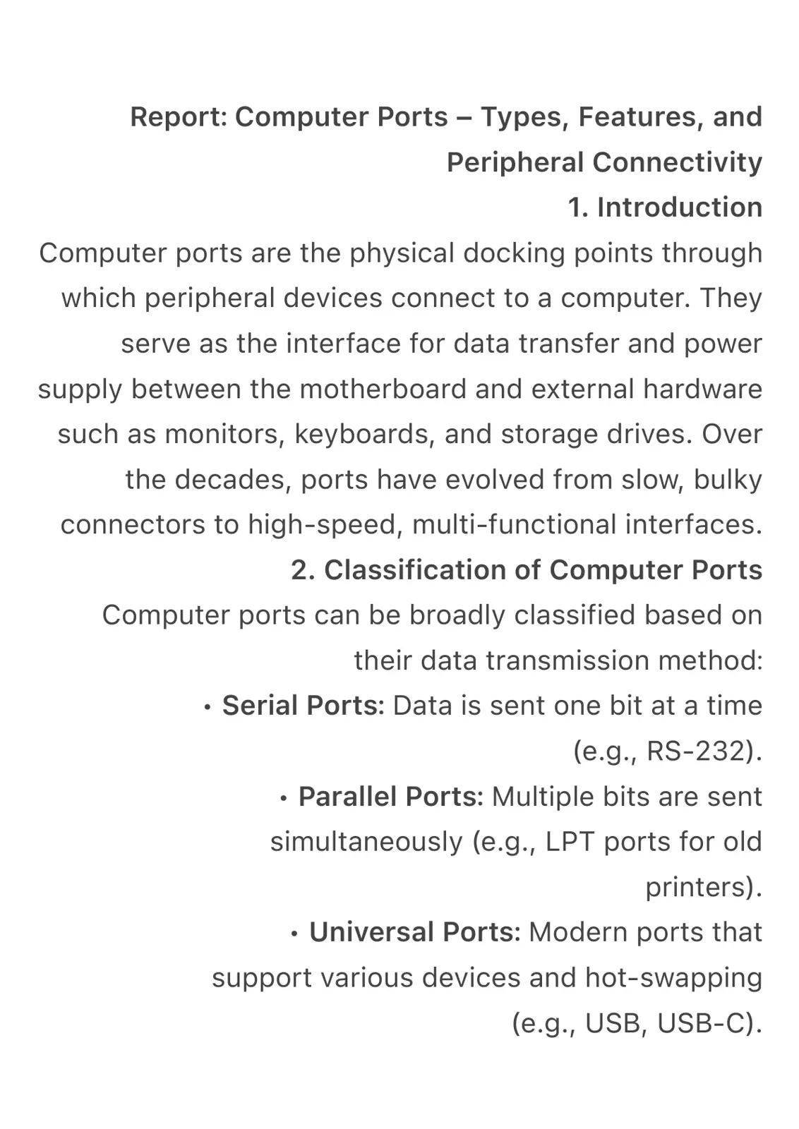 غلاف تقرير Computer Ports - Types, Features, and Peripheral Connectivity