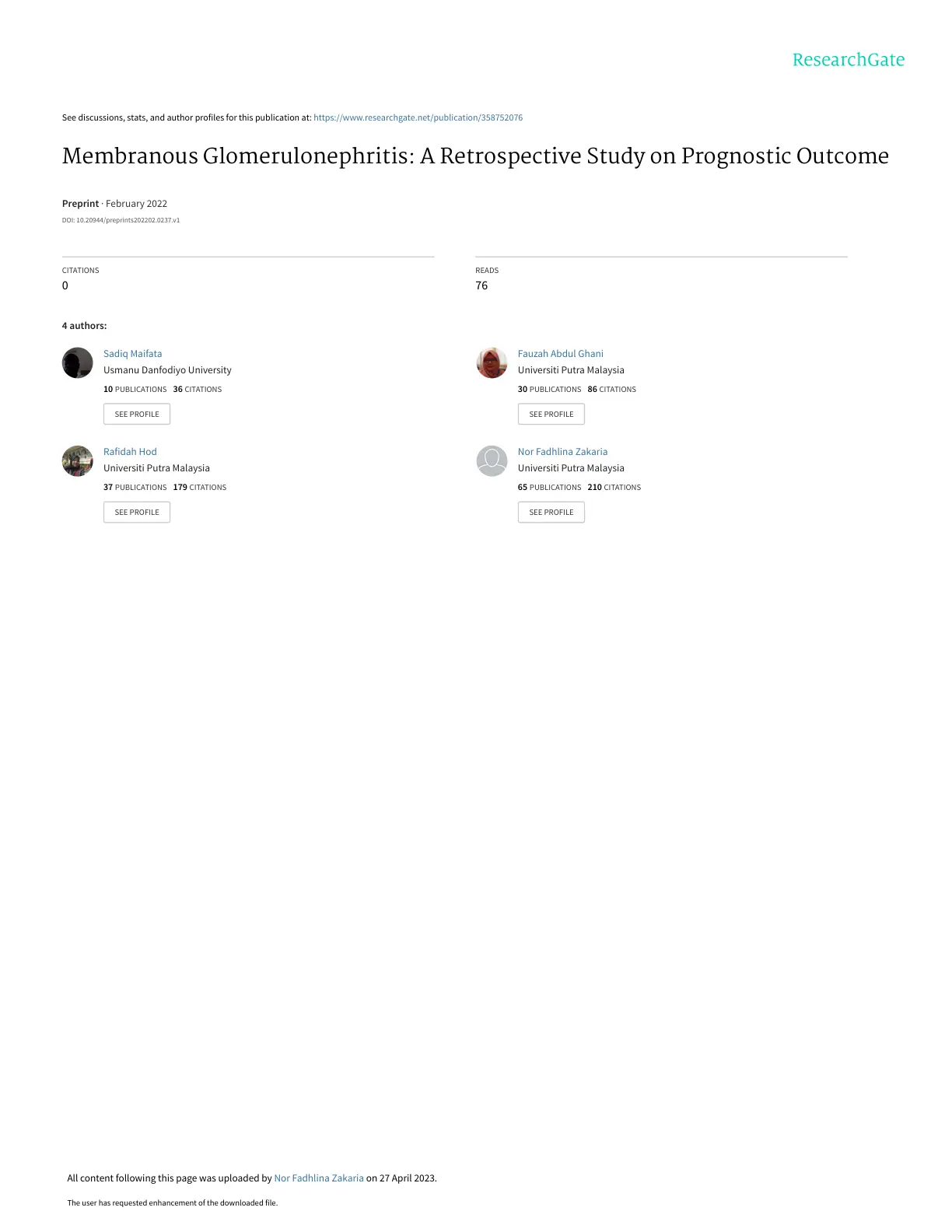 غلاف تقرير Membranous Glomerulonephritis: A Retrospective Study on Prognostic Outcome