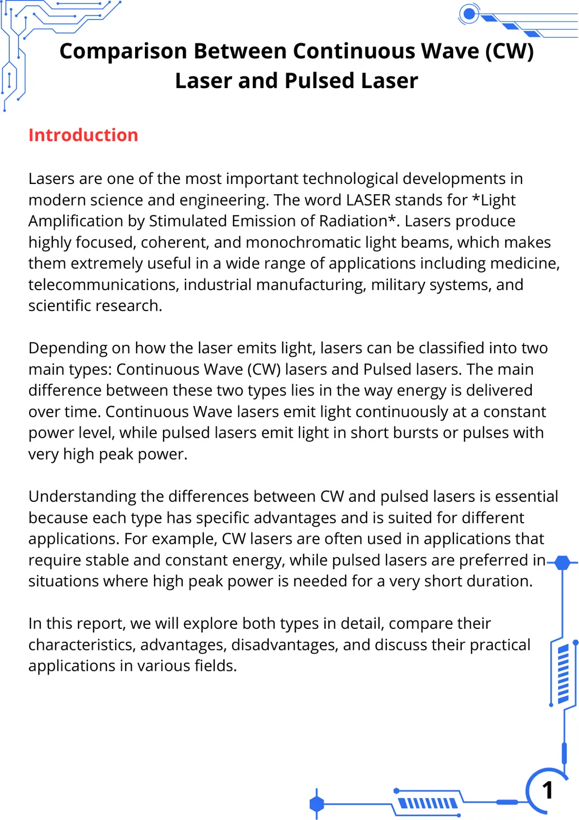 غلاف تقرير Comparison Between Continuous Wave (CW) Laser and Pulsed Laser