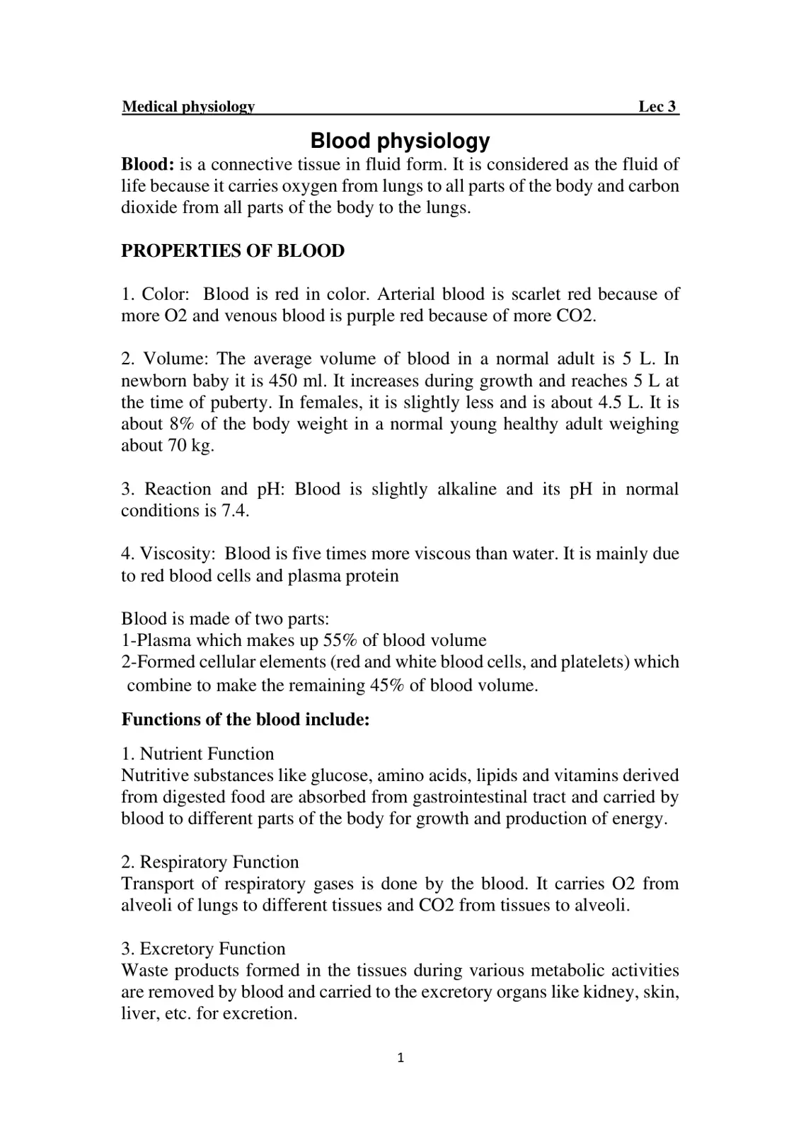 غلاف تقرير Medical Physiology – Lec 3: Blood Physiology