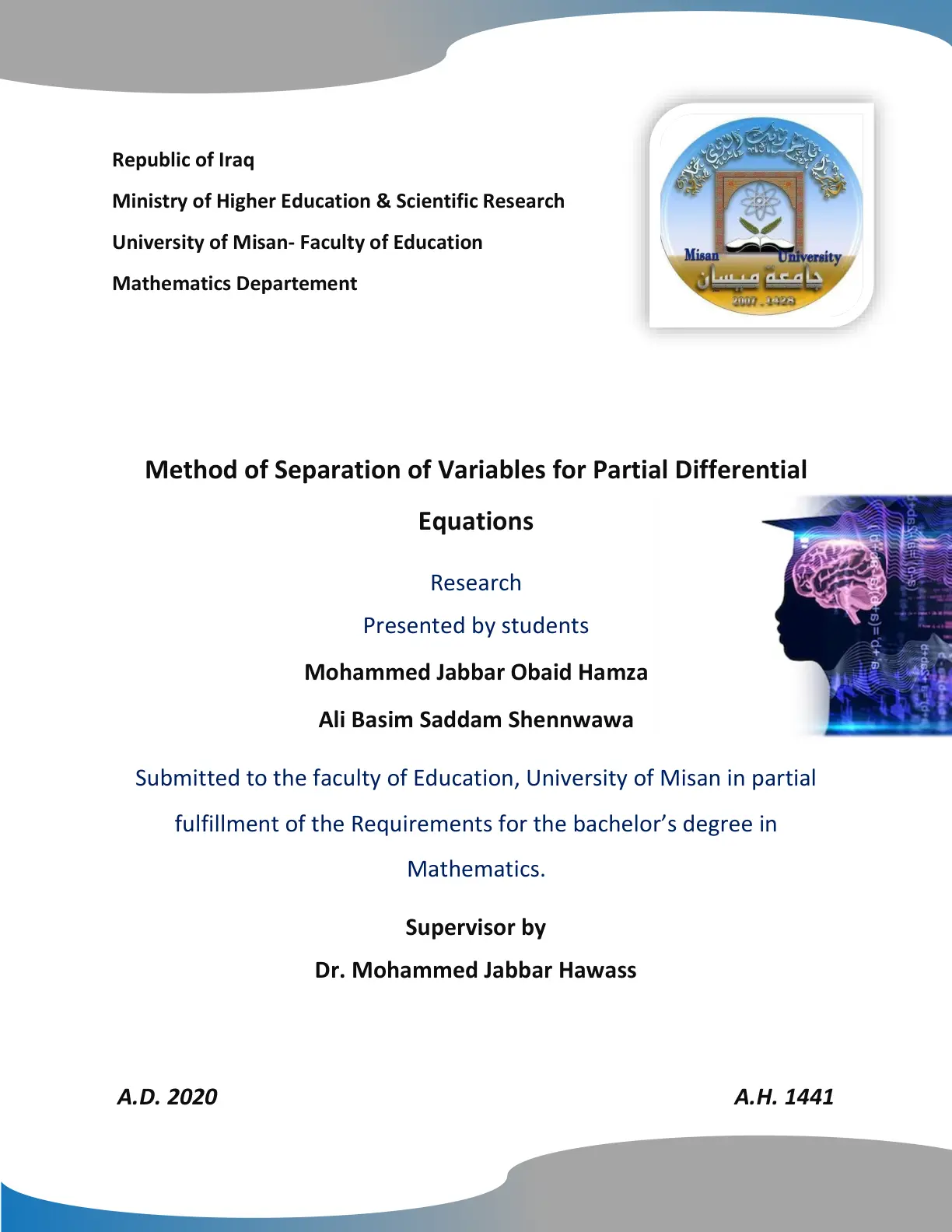 غلاف تقرير Method of Separation of Variables for Partial Differential Equations