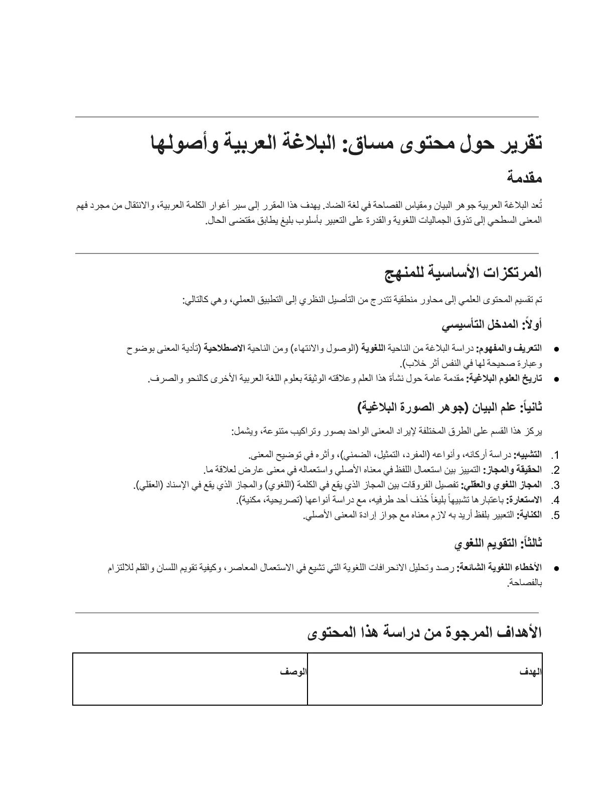 غلاف تقرير تقرير حول محتوى مساق البلاغة العربية وأصولها
