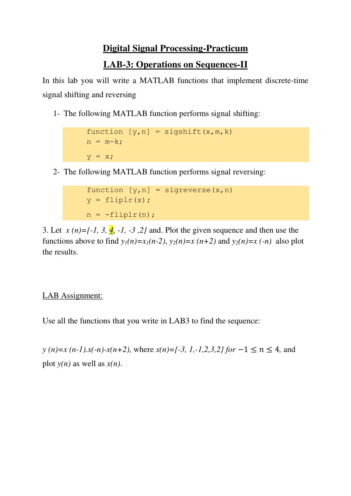 غلاف تقرير Digital Signal Processing-Practicum: LAB-3 Operations on Sequences-II