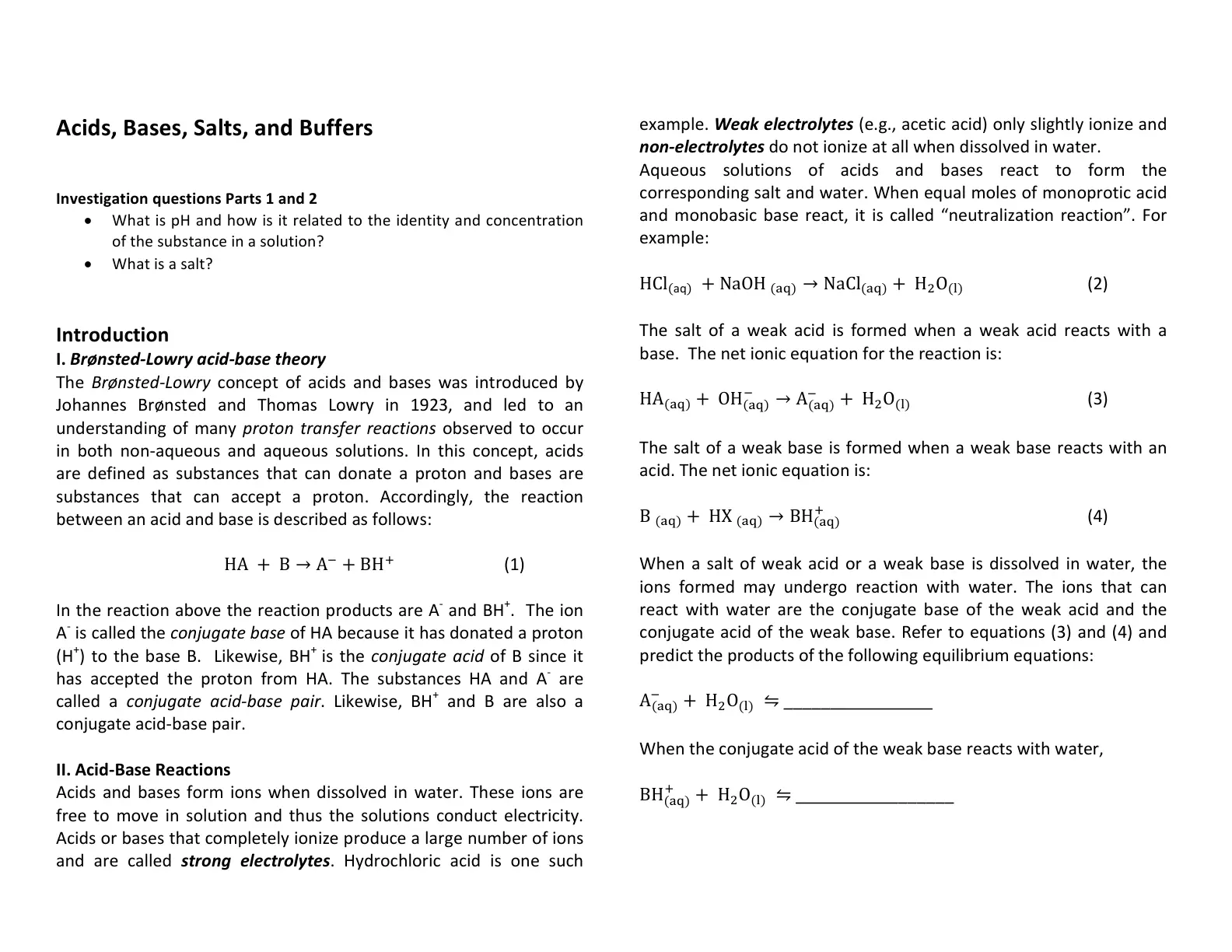 غلاف تقرير Acids, Bases, Salts, and Buffers Investigation questions Parts 1 and 2